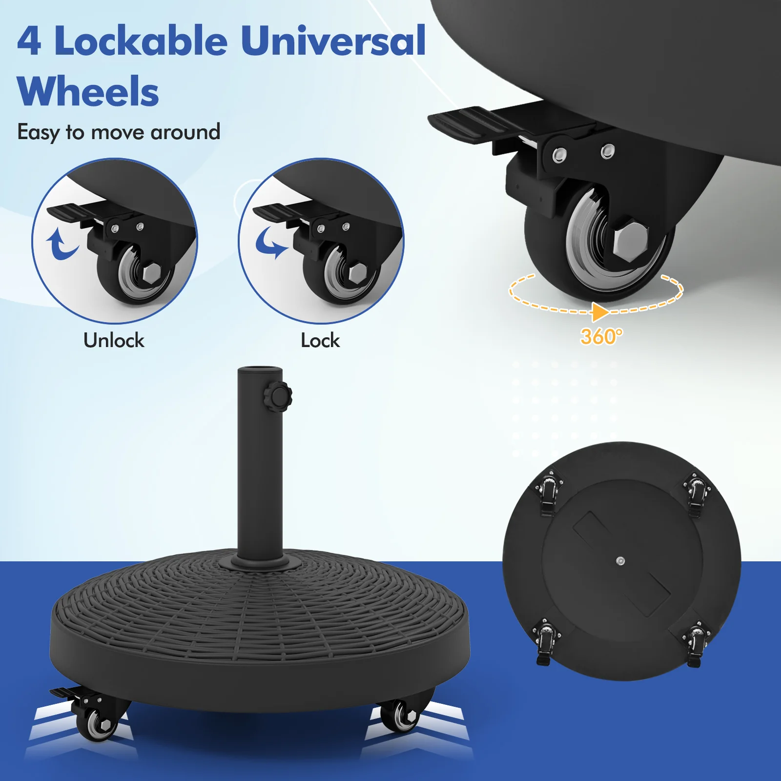 50 LBS Wicker Style Resin Umbrella Base Stand With Wheels, Black - Image 10