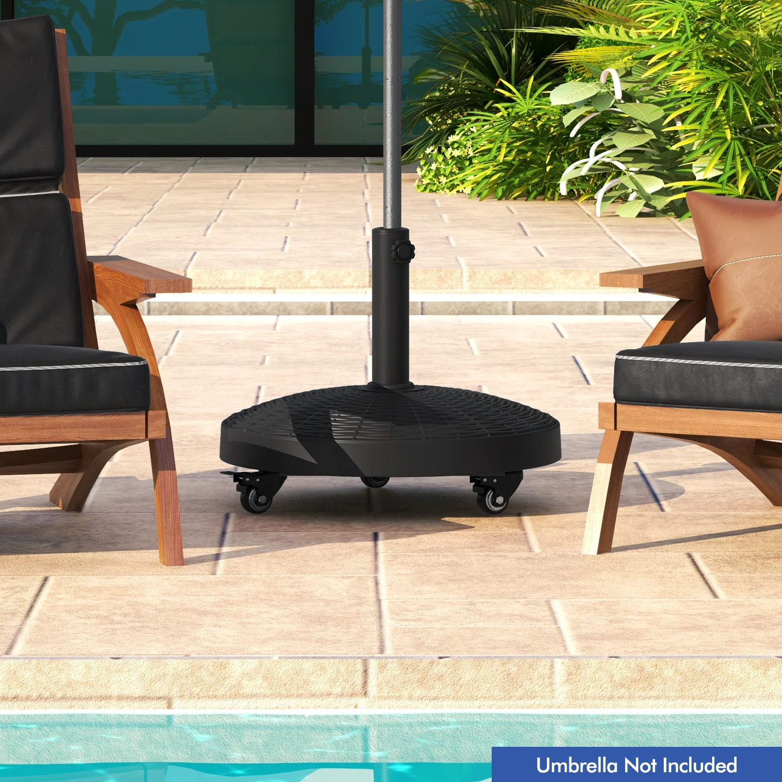 50 LBS Wicker Style Resin Umbrella Base Stand With Wheels, Black - Image 2