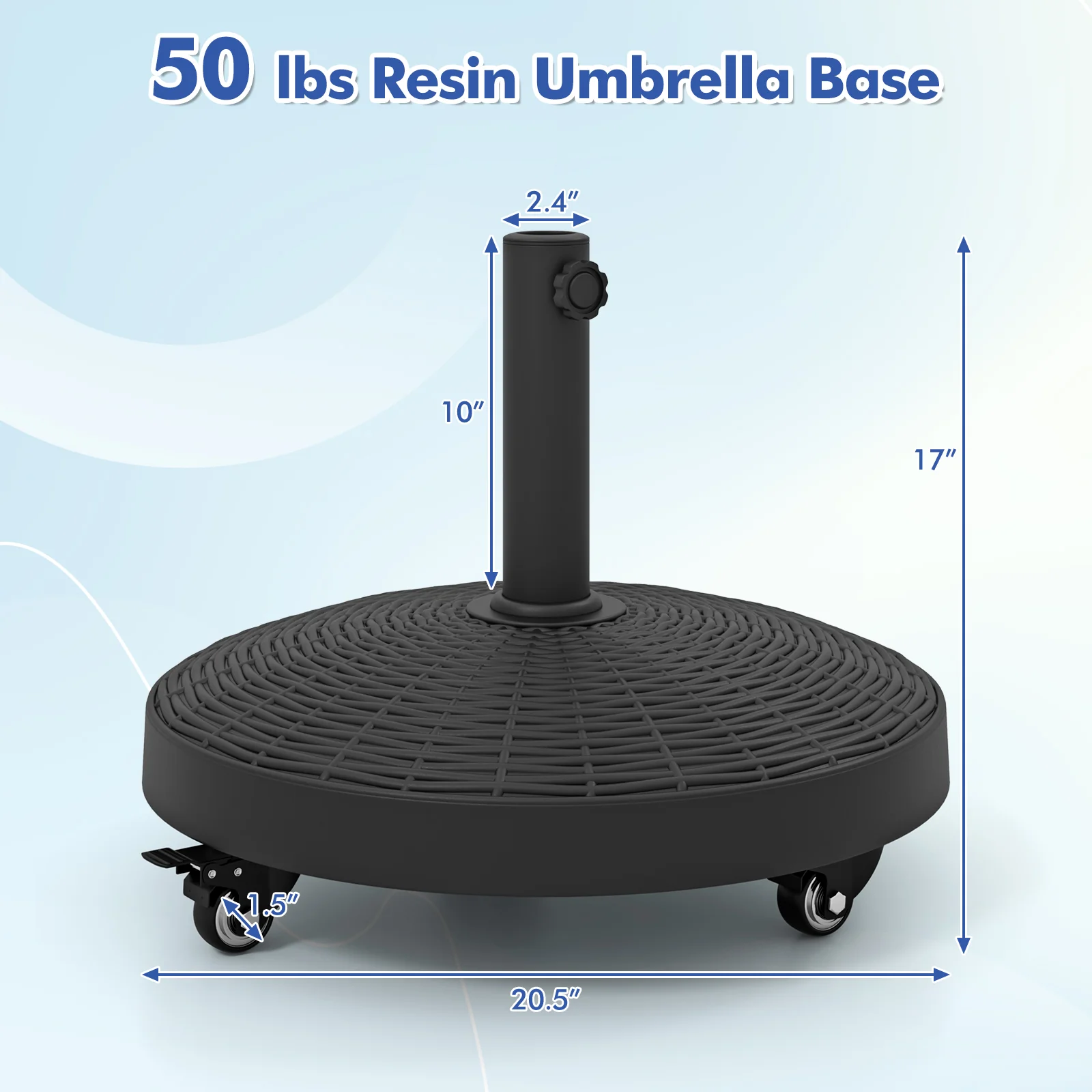50 LBS Wicker Style Resin Umbrella Base Stand With Wheels, Black - Image 5