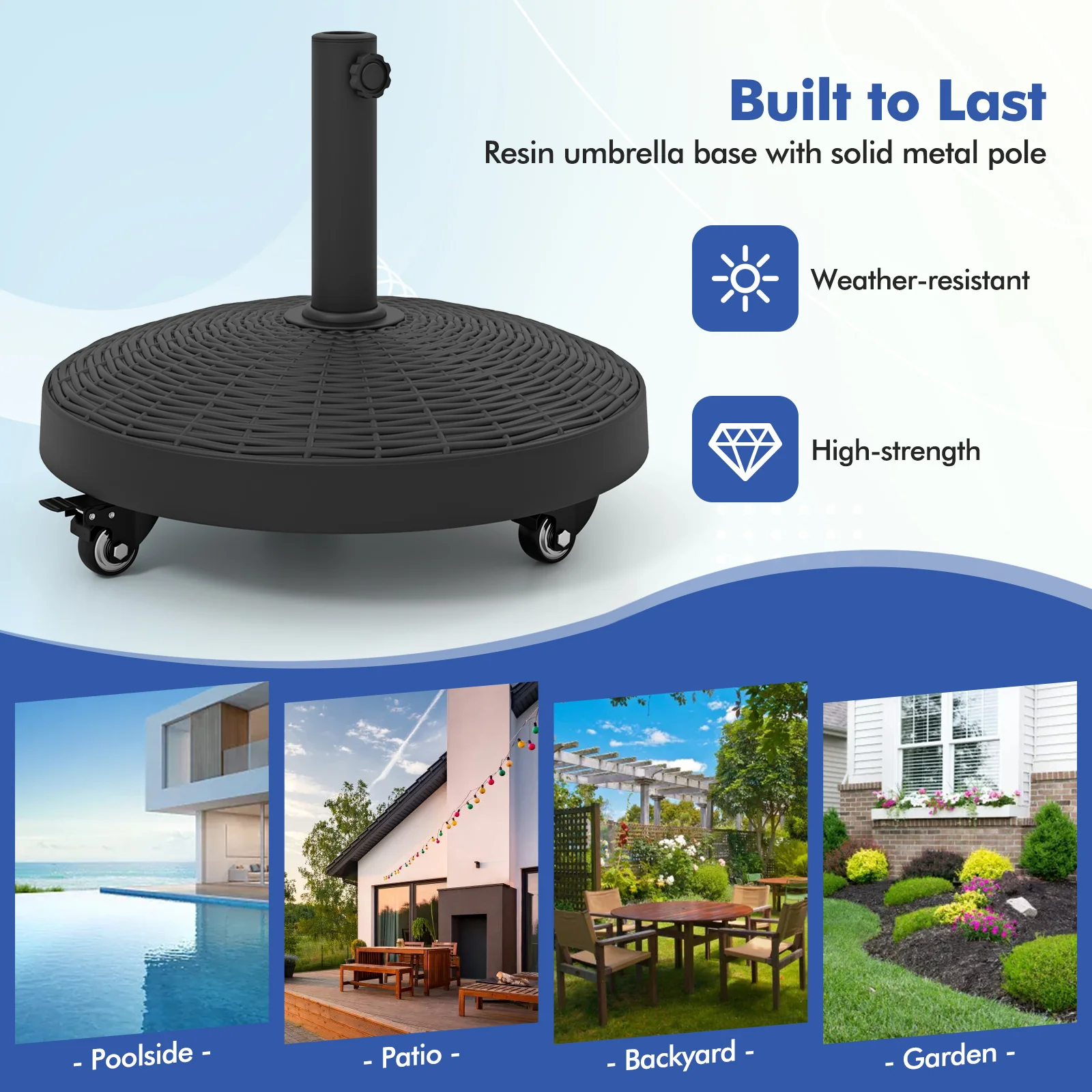 50 LBS Wicker Style Resin Umbrella Base Stand With Wheels, Black - Image 6