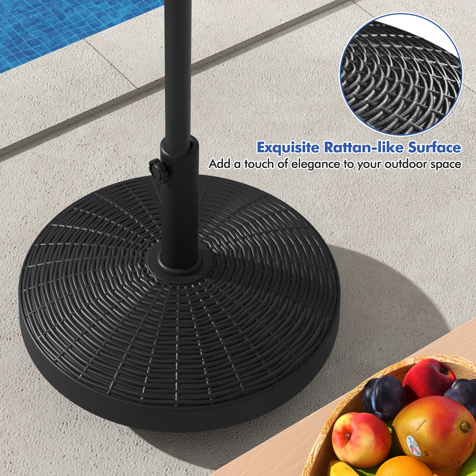 50 LBS Wicker Style Resin Umbrella Base Stand With Wheels, Black - Image 7