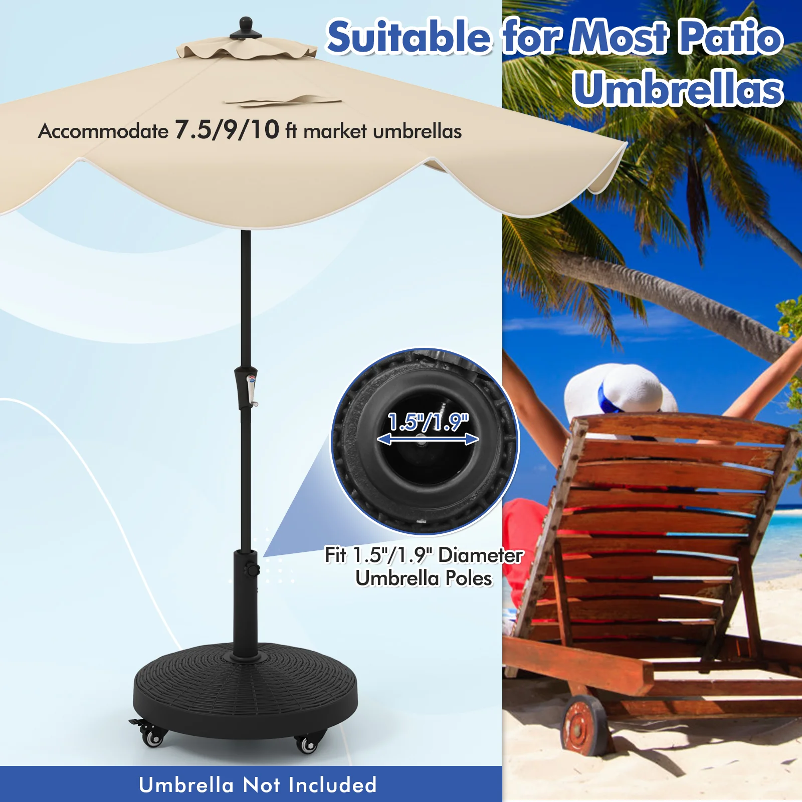 50 LBS Wicker Style Resin Umbrella Base Stand With Wheels, Black - Image 8