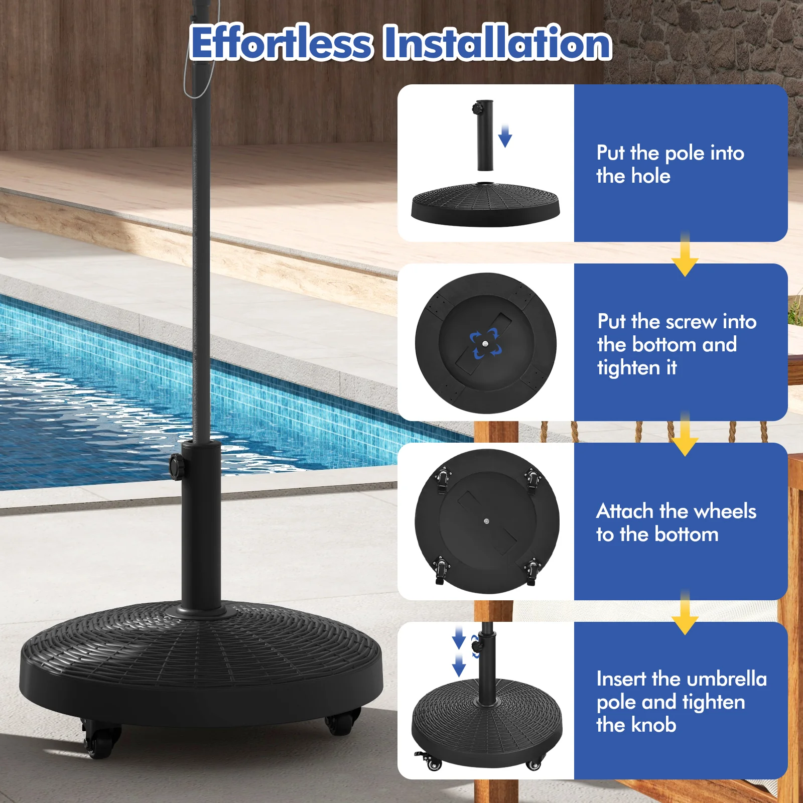 50 LBS Wicker Style Resin Umbrella Base Stand With Wheels, Black - Image 9