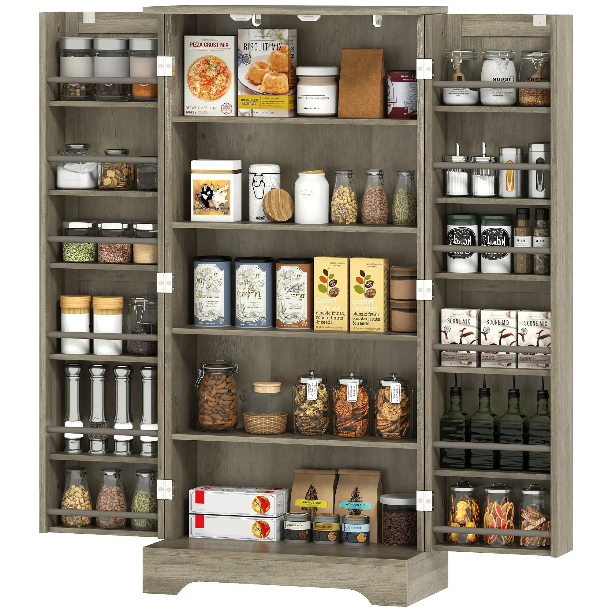50" Pantry Storage Cabinet, Farmhouse Style, Adjustable Shelves, Distressed Grey, Grey