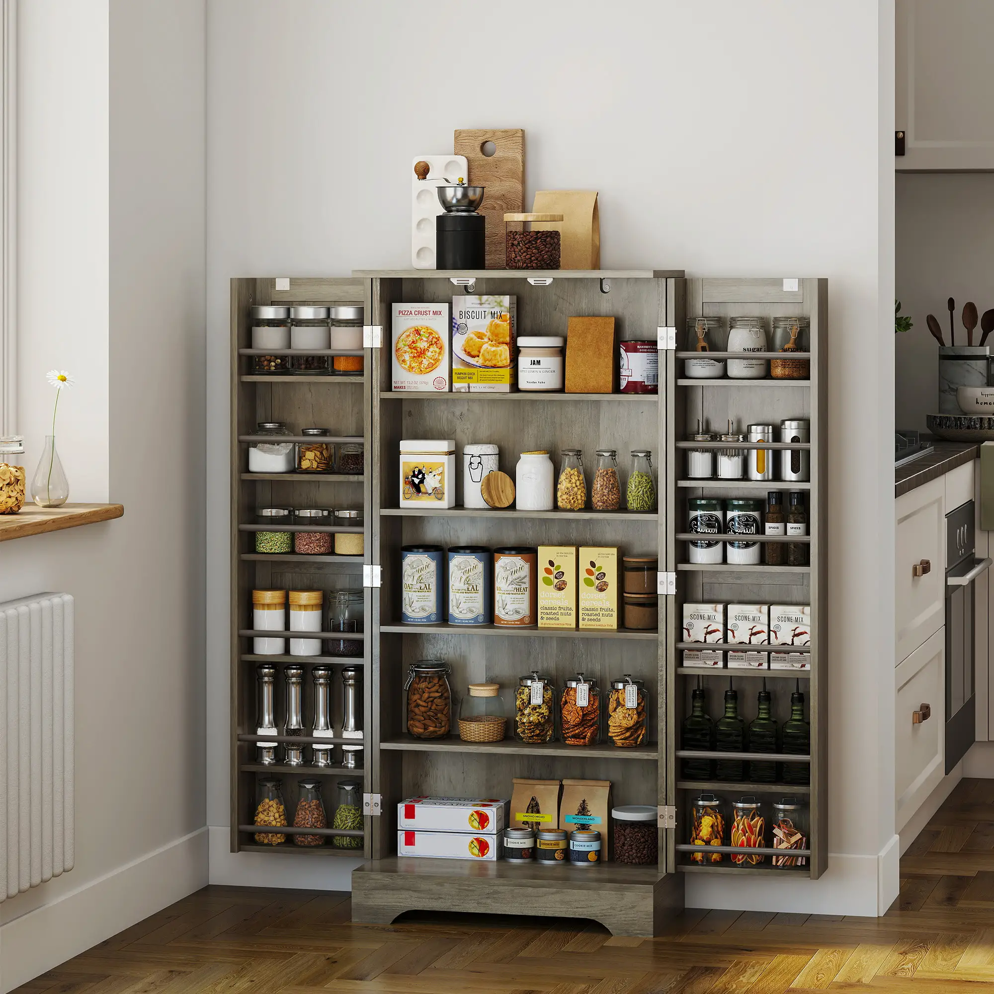 50" Pantry Storage Cabinet, Farmhouse Style, Adjustable Shelves, Distressed Grey, Grey - Image 2