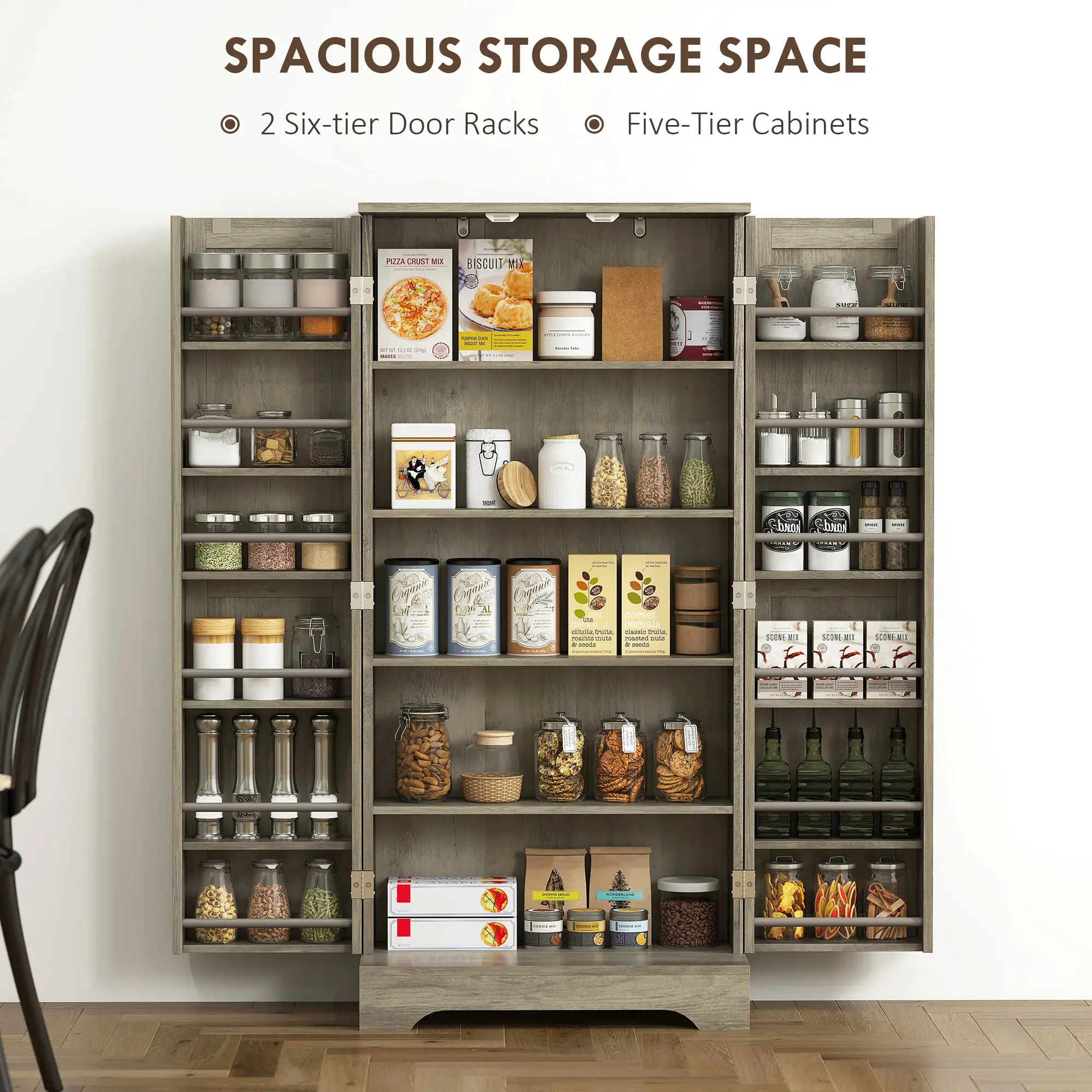 50" Pantry Storage Cabinet, Farmhouse Style, Adjustable Shelves, Distressed Grey, Grey - Image 5