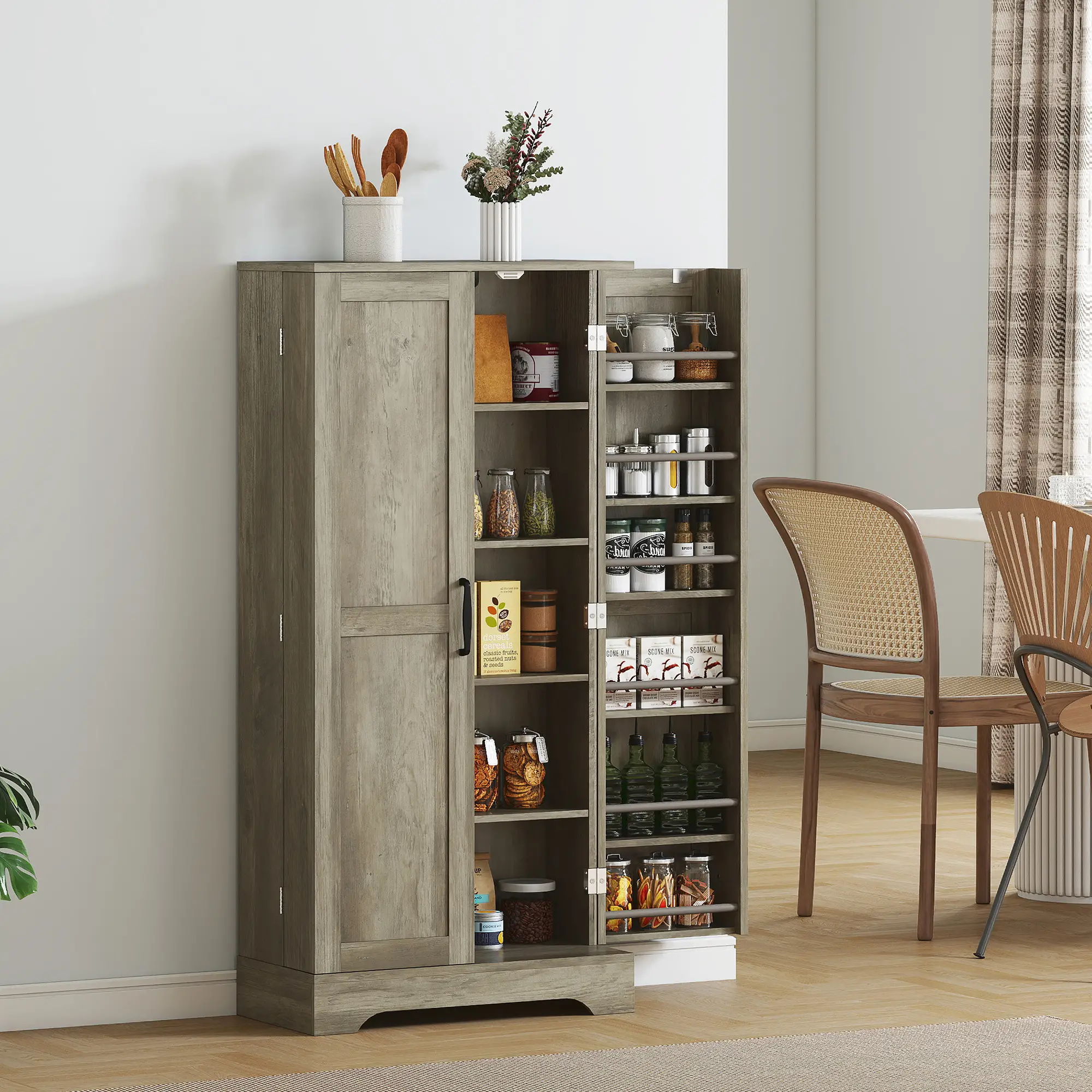 50" Pantry Storage Cabinet, Farmhouse Style, Adjustable Shelves, Distressed Grey, Grey - Image 8