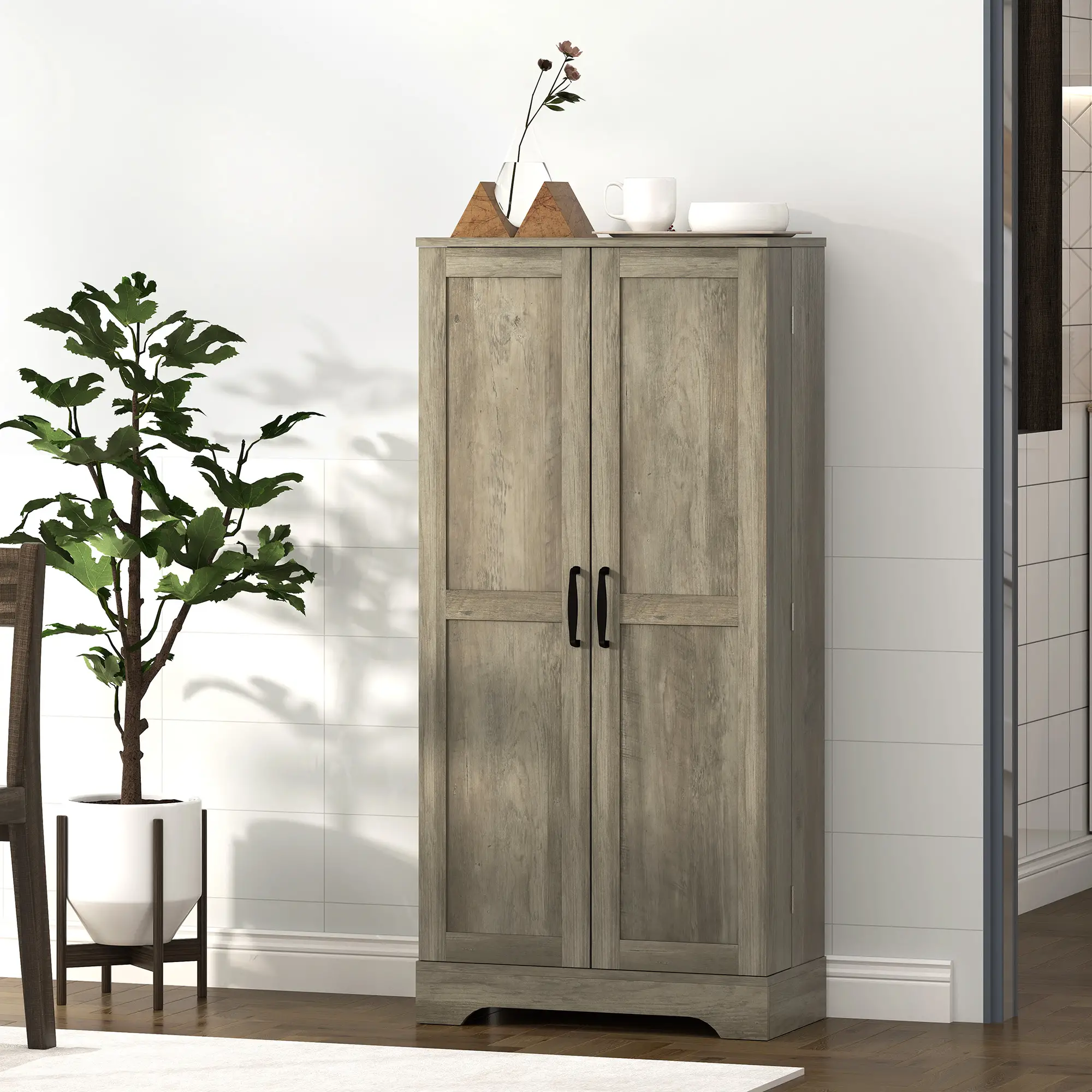 50" Pantry Storage Cabinet, Farmhouse Style, Adjustable Shelves, Distressed Grey, Grey - Image 9