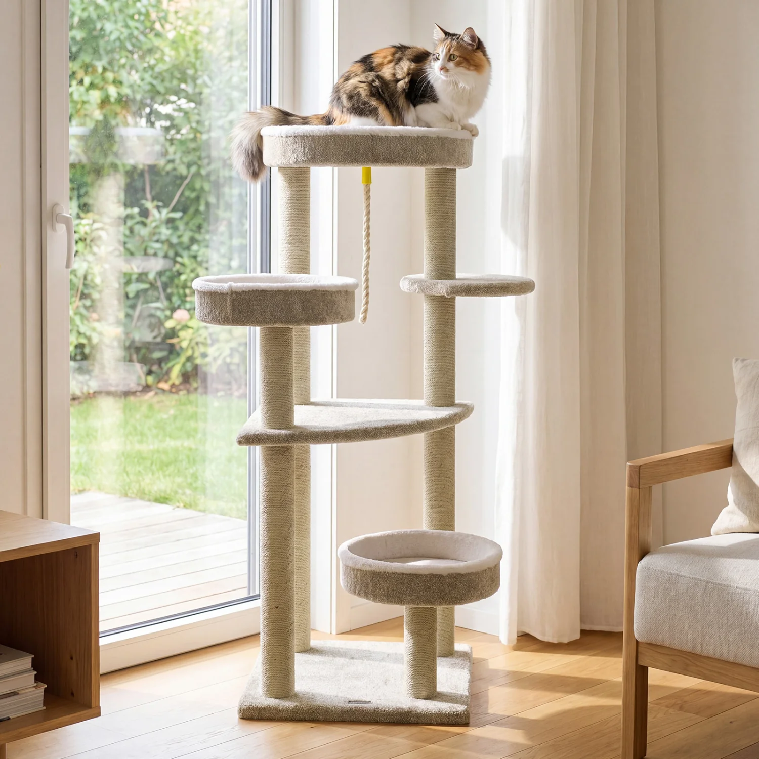 51" Carpeted Cat Tree with Plush Perches, Beige - Image 2