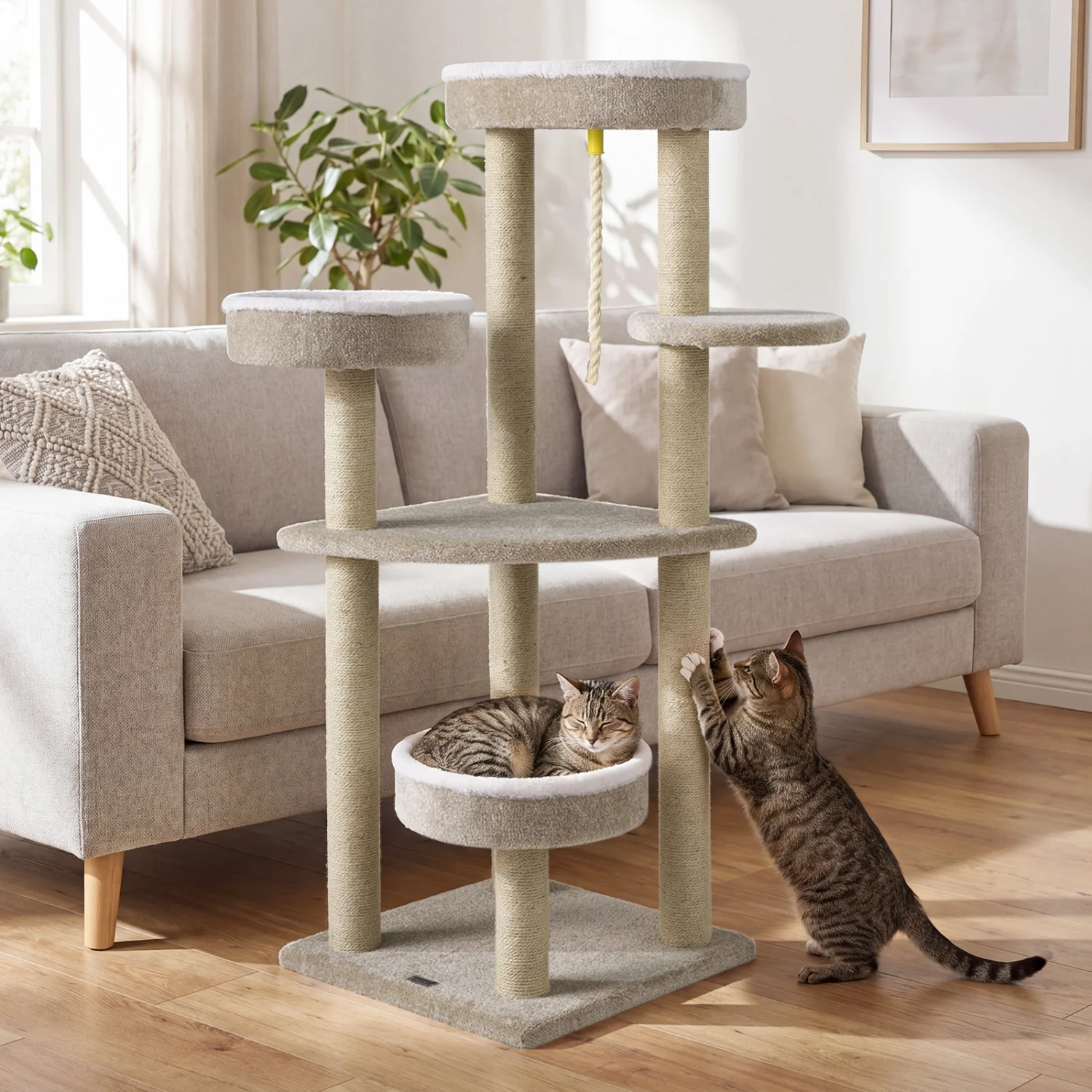 51" Carpeted Cat Tree with Plush Perches, Beige - Image 3