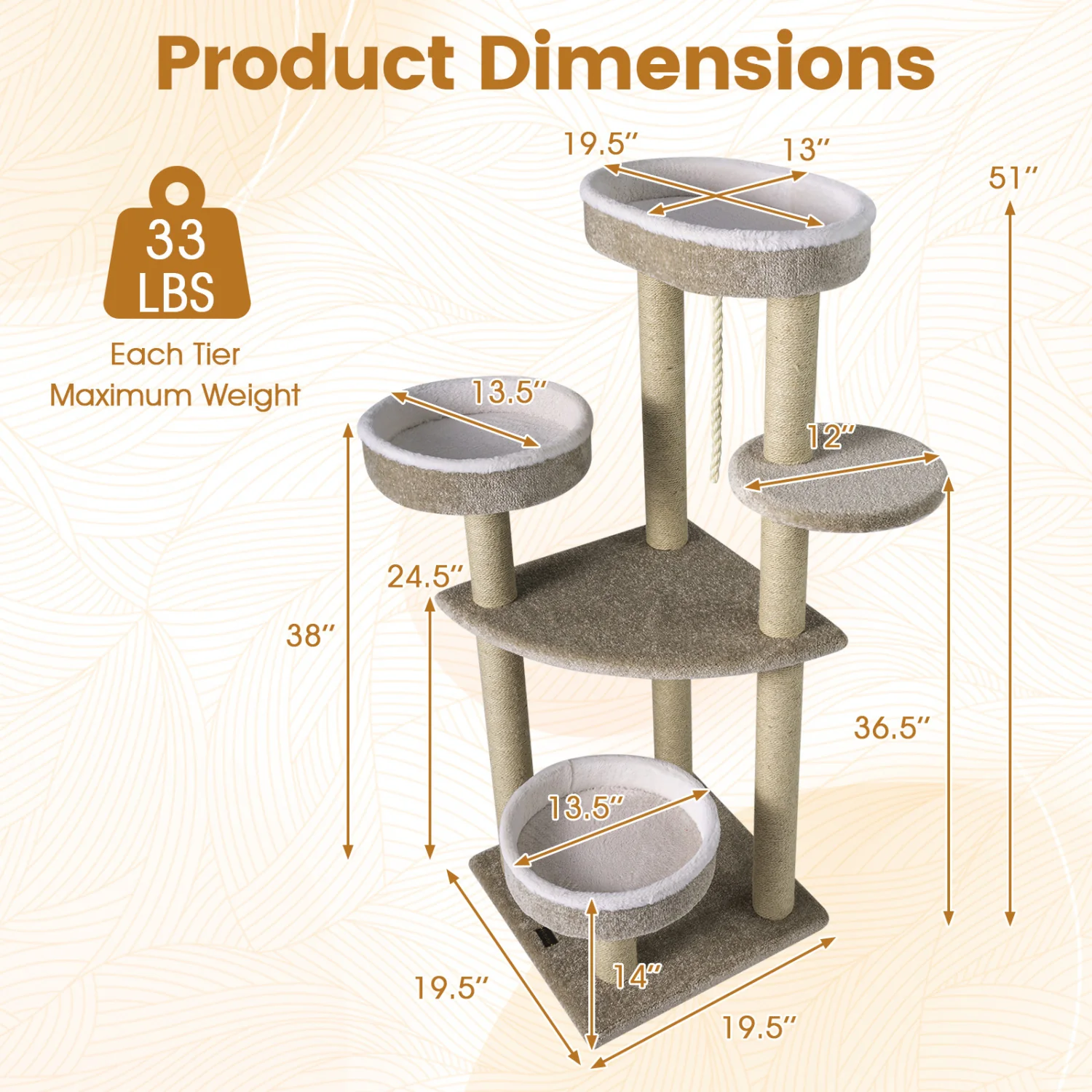 51" Carpeted Cat Tree with Plush Perches, Beige - Image 5