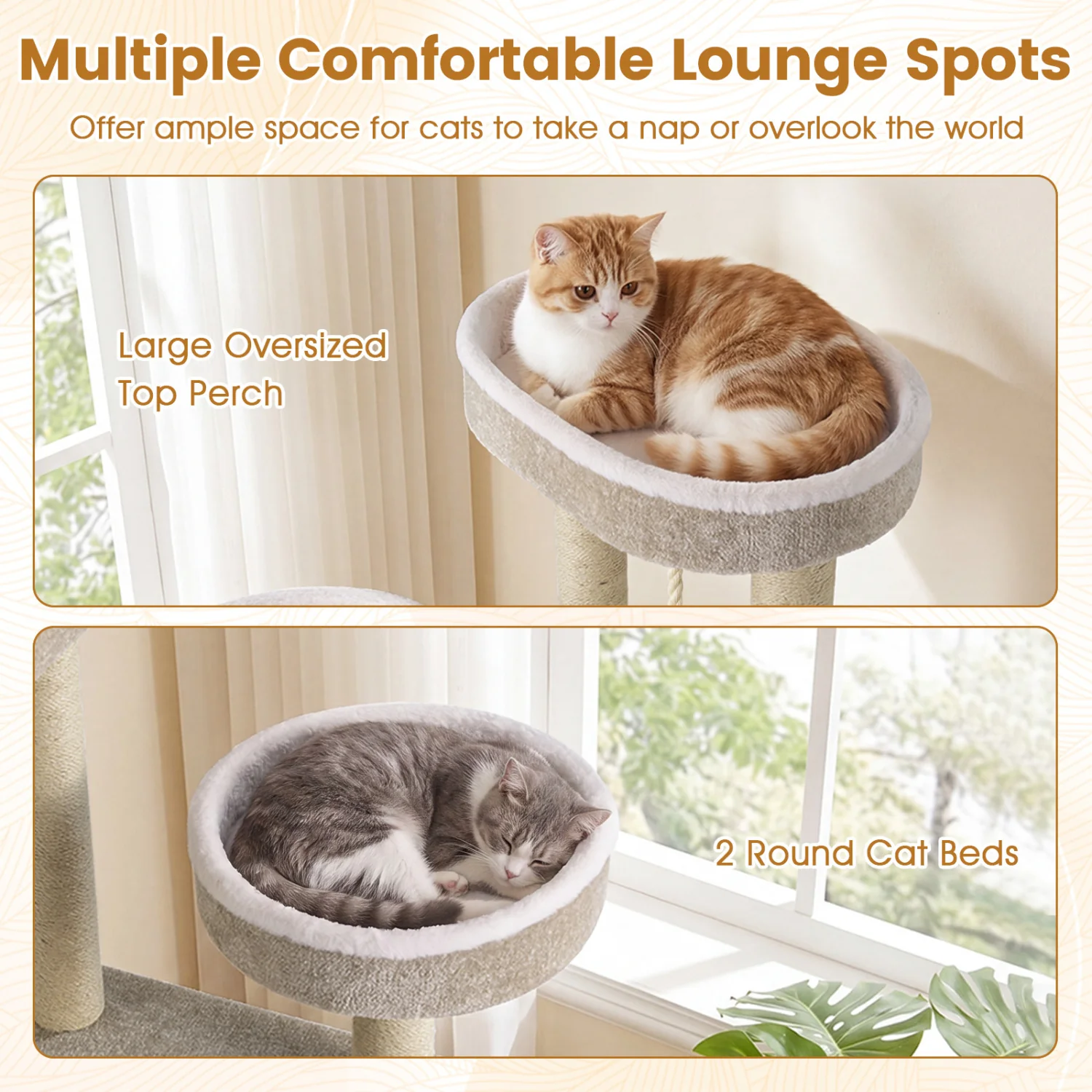 51" Carpeted Cat Tree with Plush Perches, Beige - Image 7