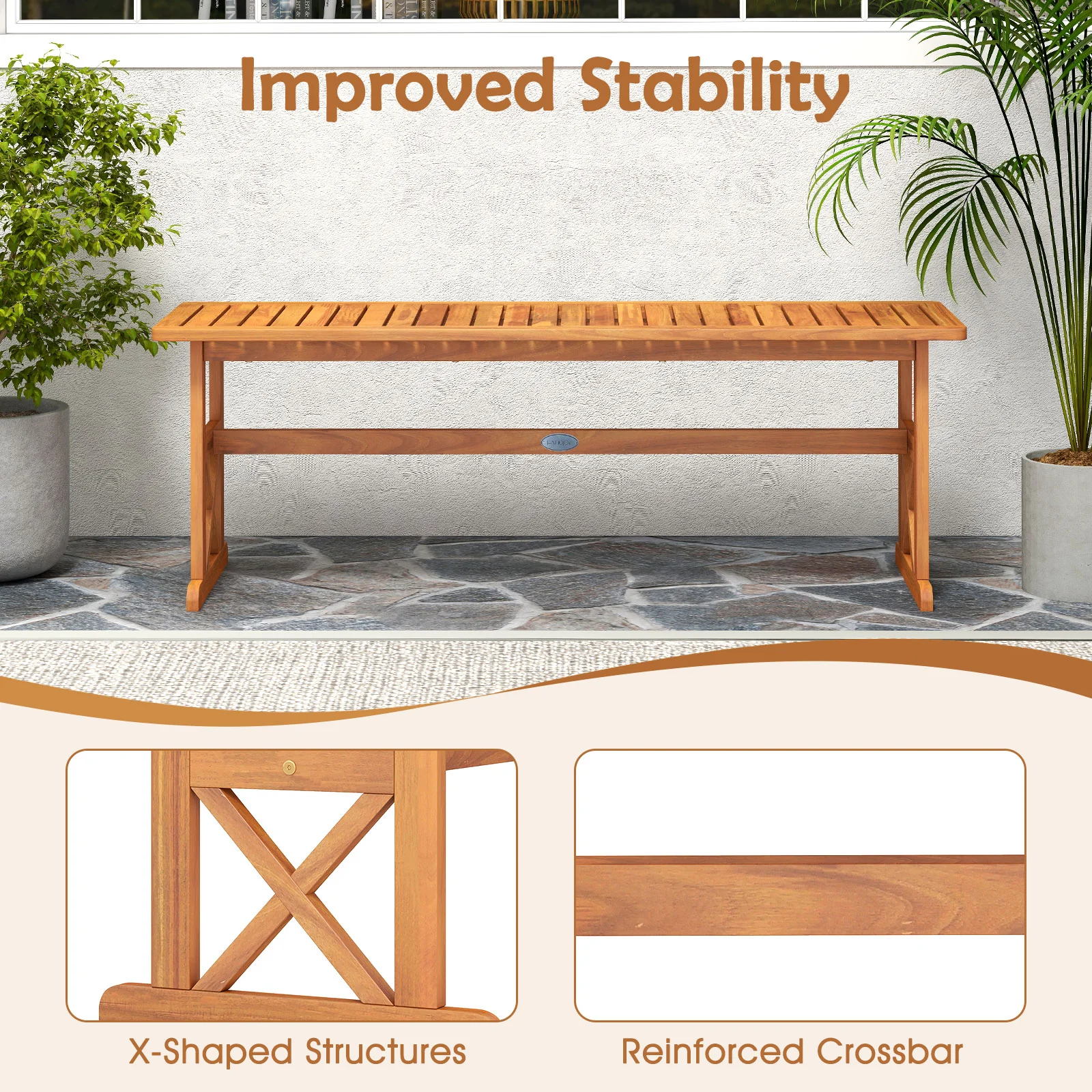 51 Inch Acacia Wood Outdoor Bench, Slatted Seat, 800 Lbs Capacity - Image 10