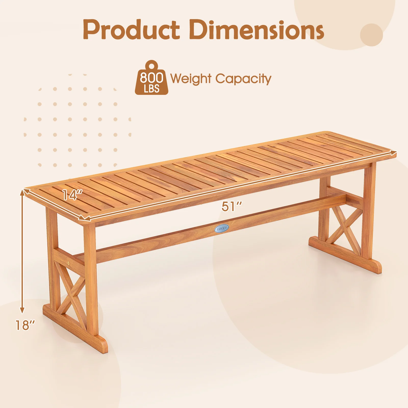 51 Inch Acacia Wood Outdoor Bench, Slatted Seat, 800 Lbs Capacity - Image 5