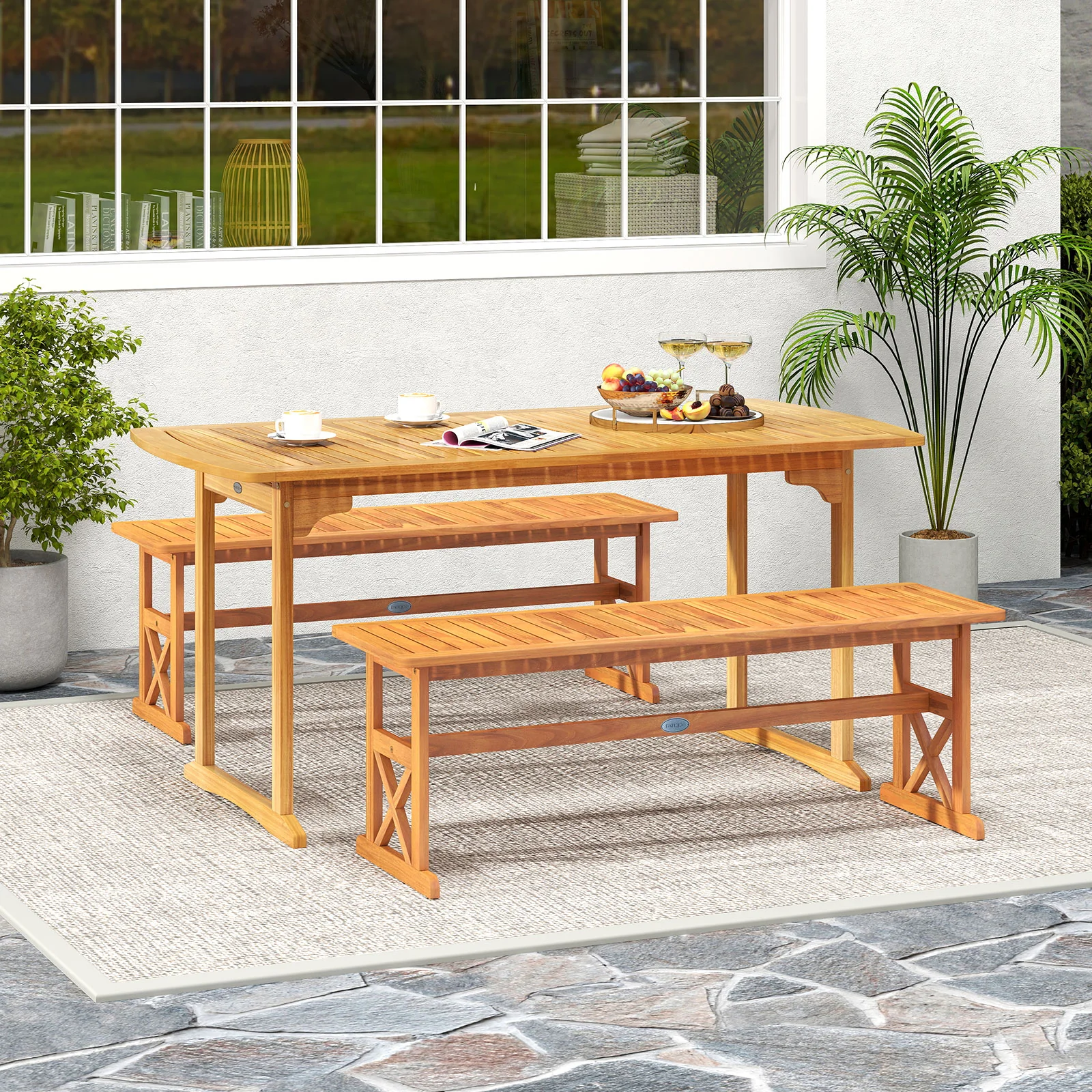 51 Inch Acacia Wood Outdoor Bench, Slatted Seat, 800 Lbs Capacity - Image 6