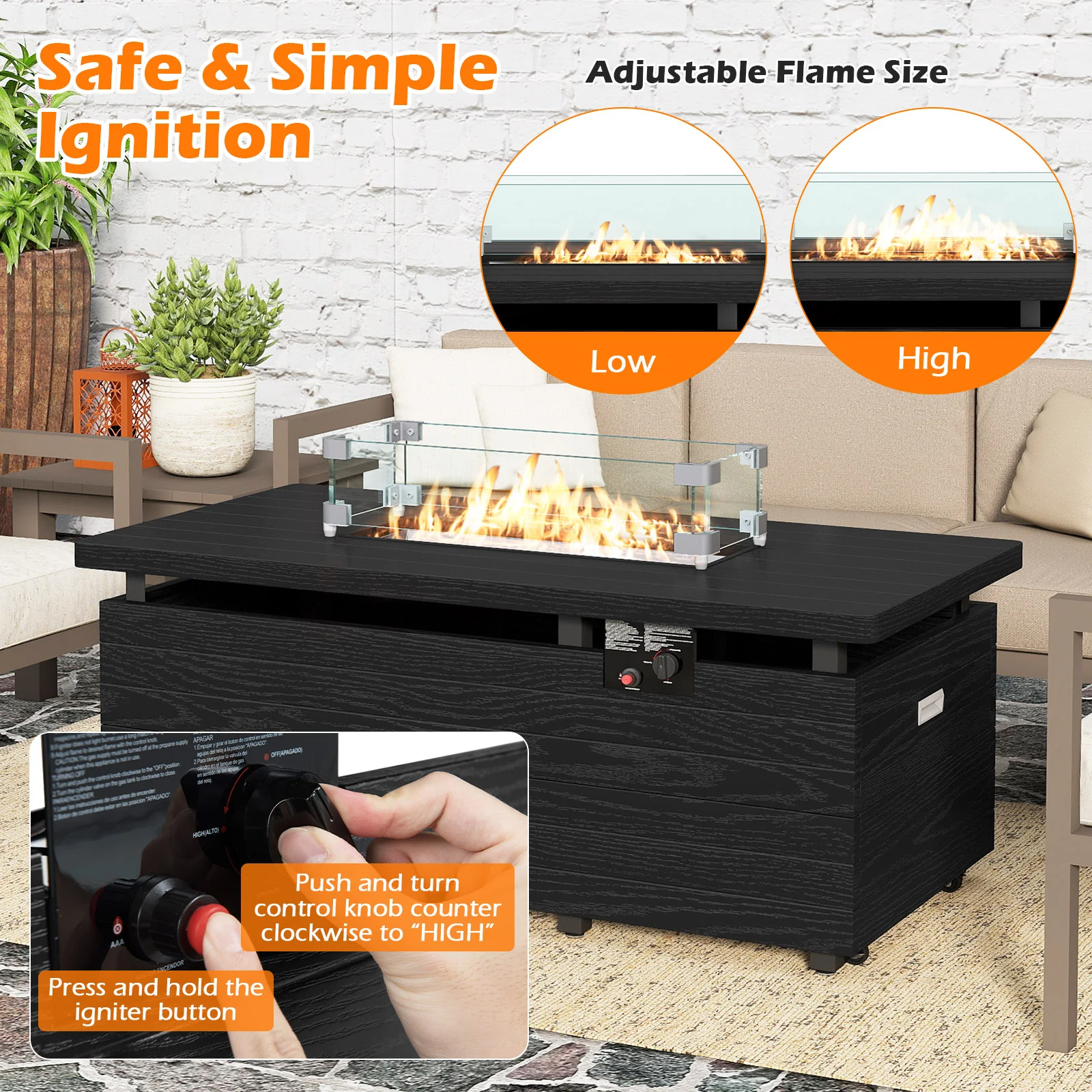 51 Inch Propane Fire Pit Table with Removable Lid, Black - Image 7