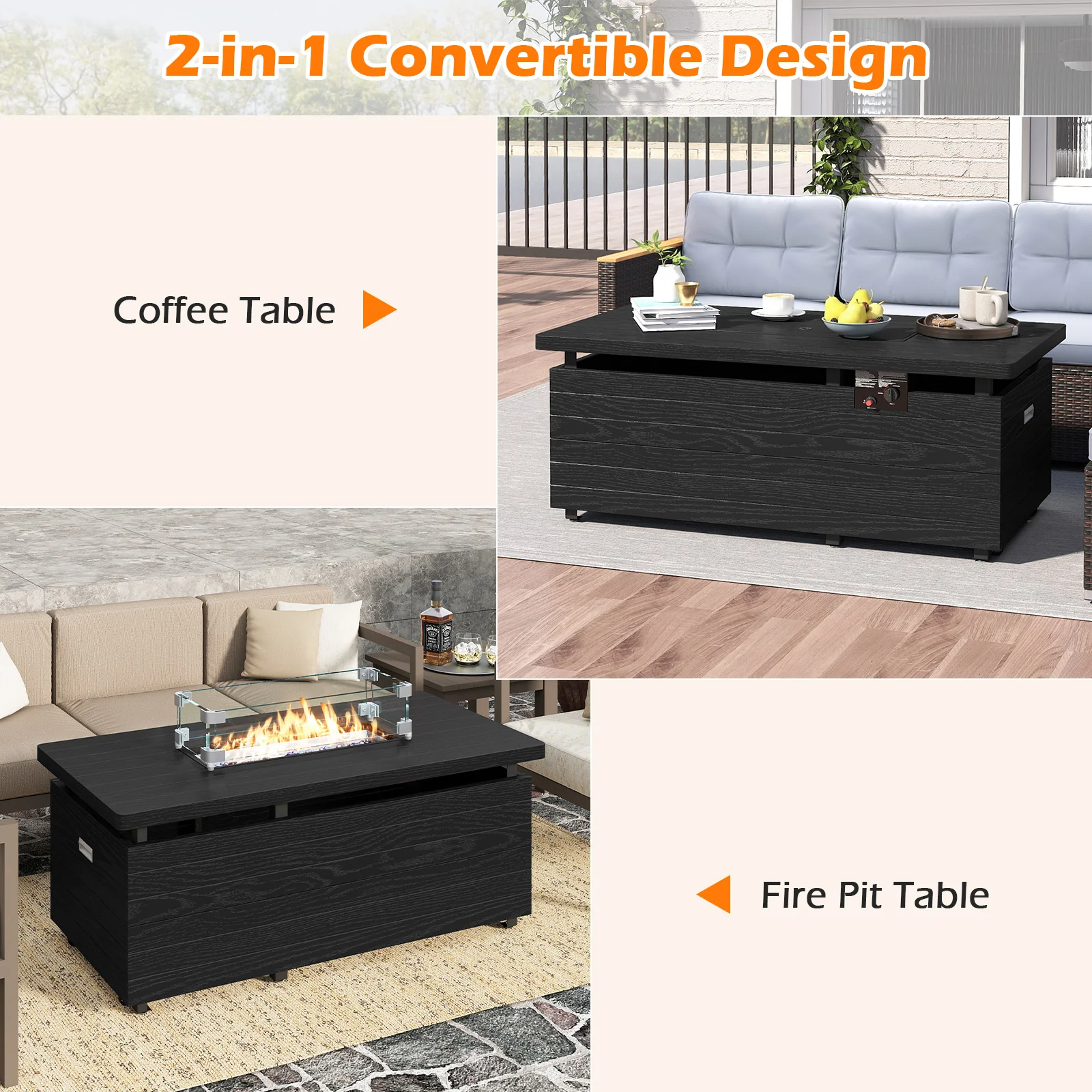 51 Inch Propane Fire Pit Table with Removable Lid, Black - Image 9