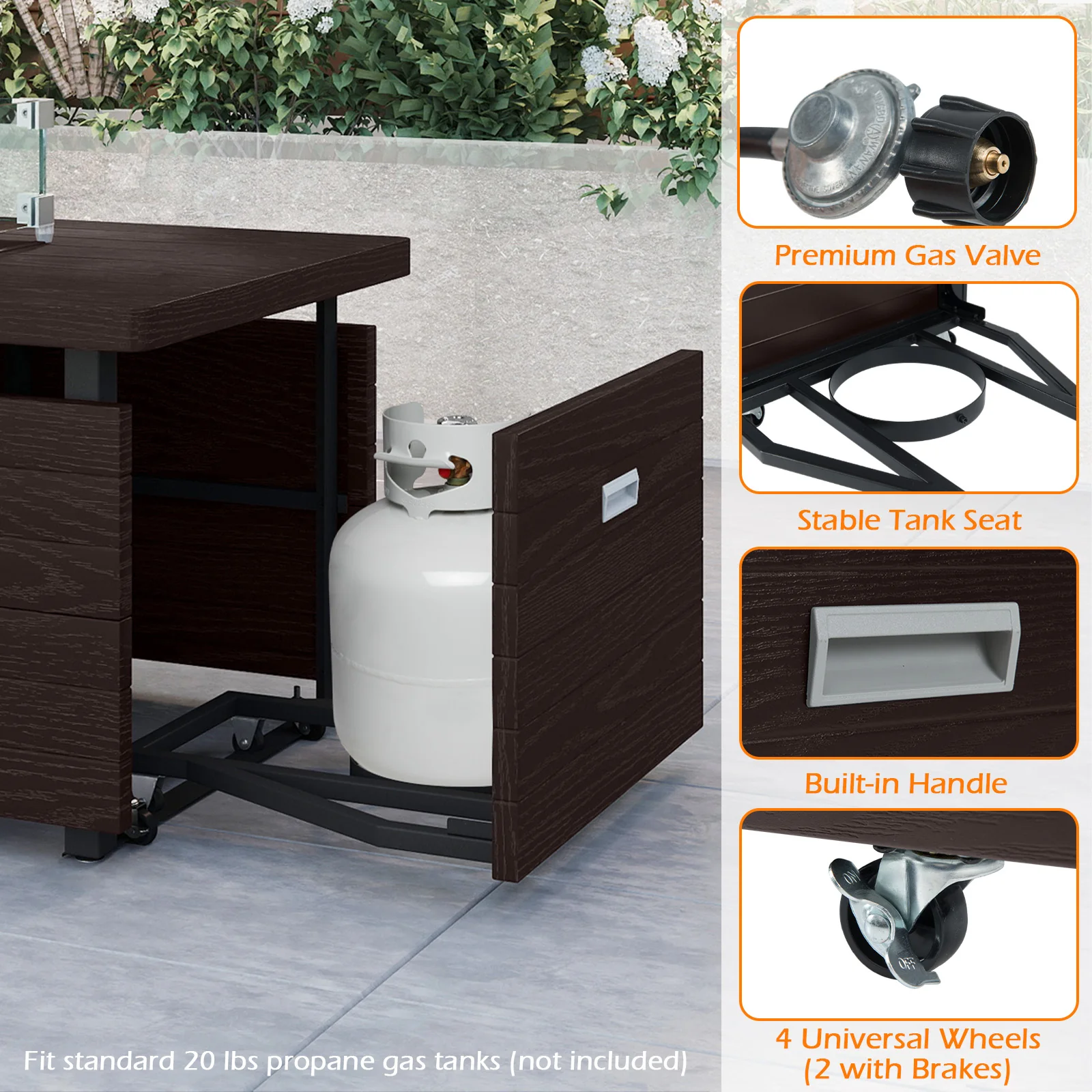 51 Inch Propane Fire Pit Table with Removable Lid, Brown - Image 10