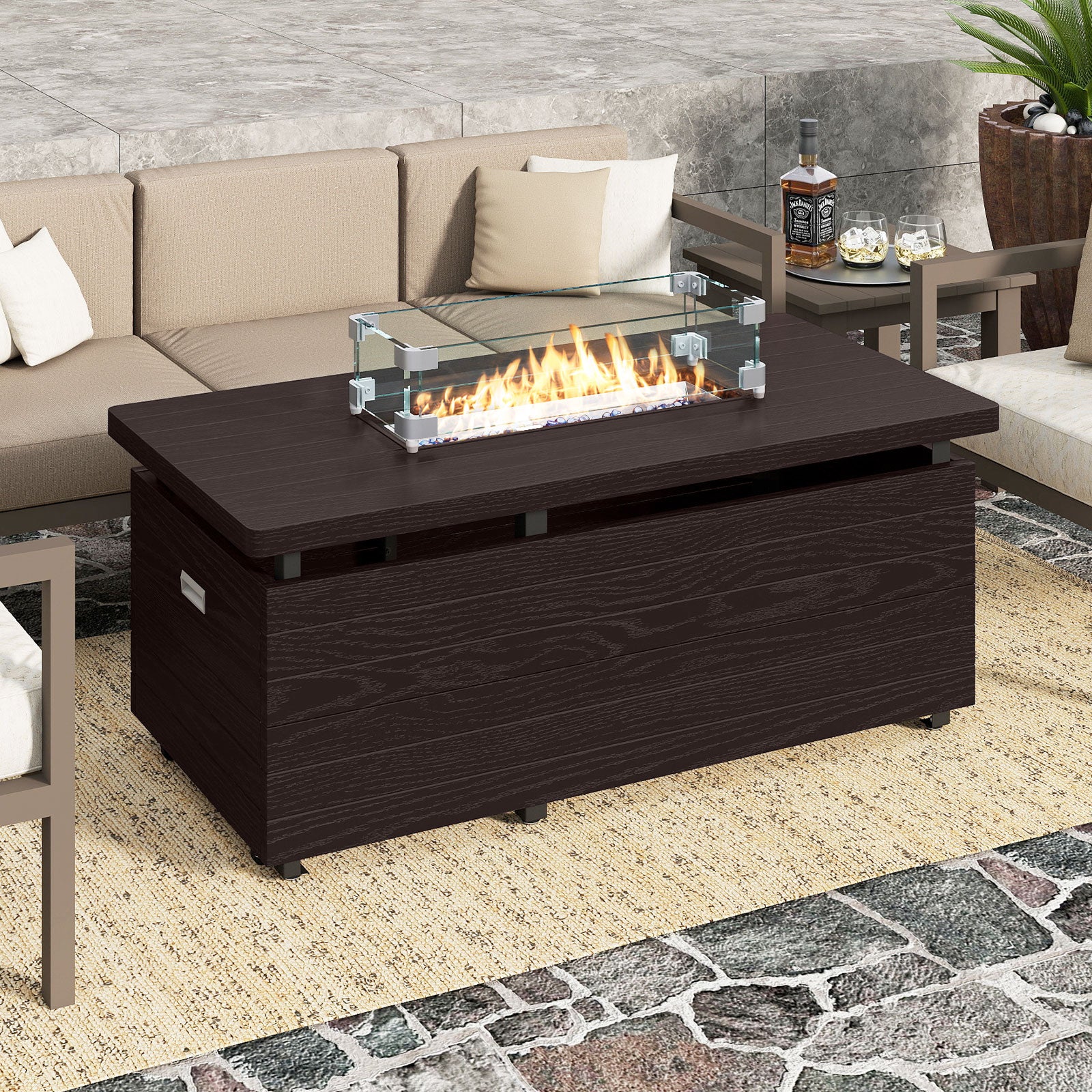 51 Inch Propane Fire Pit Table with Removable Lid, Brown - Image 2