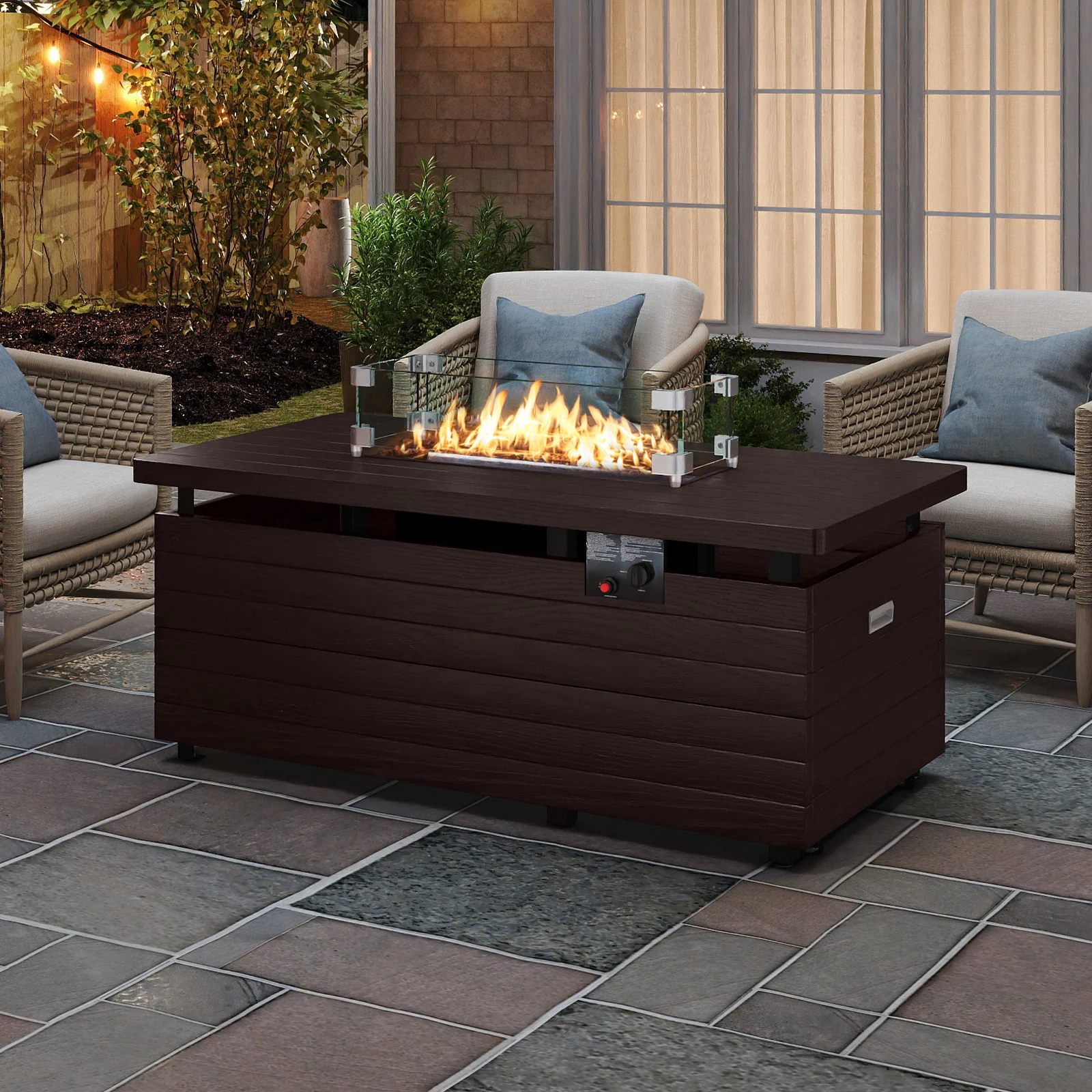51 Inch Propane Fire Pit Table with Removable Lid, Brown - Image 3