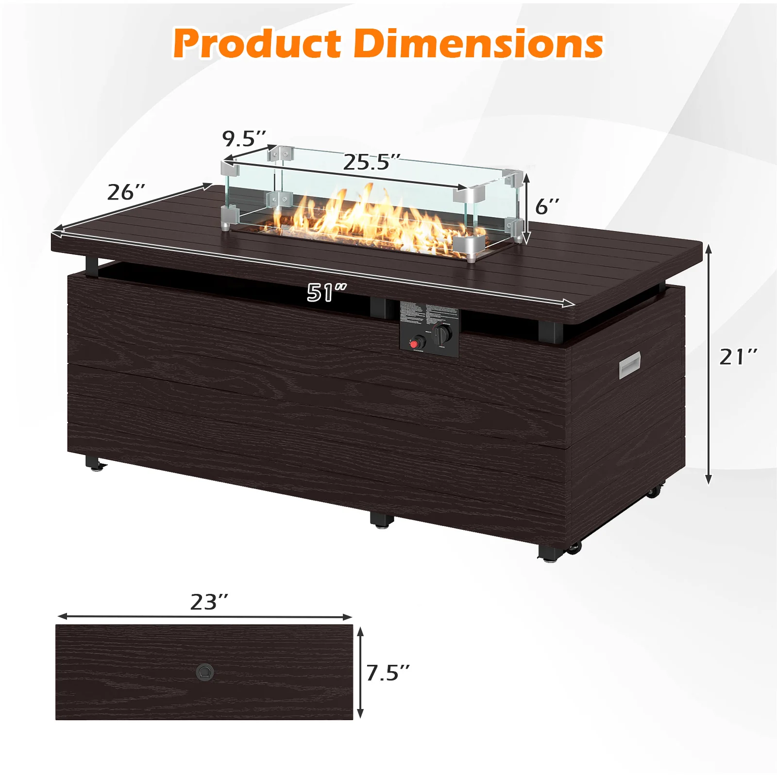 51 Inch Propane Fire Pit Table with Removable Lid, Brown - Image 5