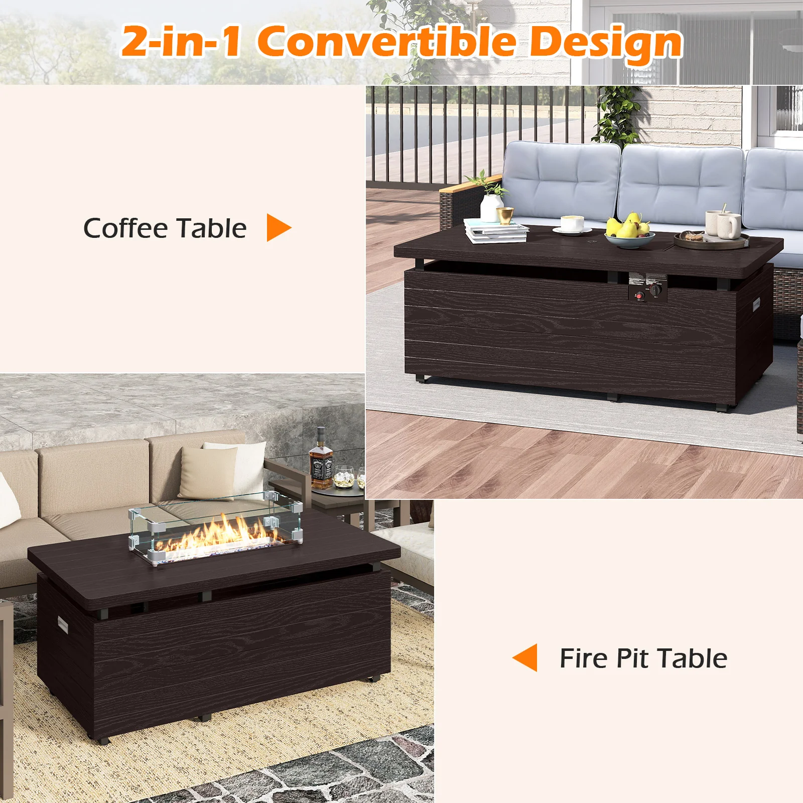 51 Inch Propane Fire Pit Table with Removable Lid, Brown - Image 9