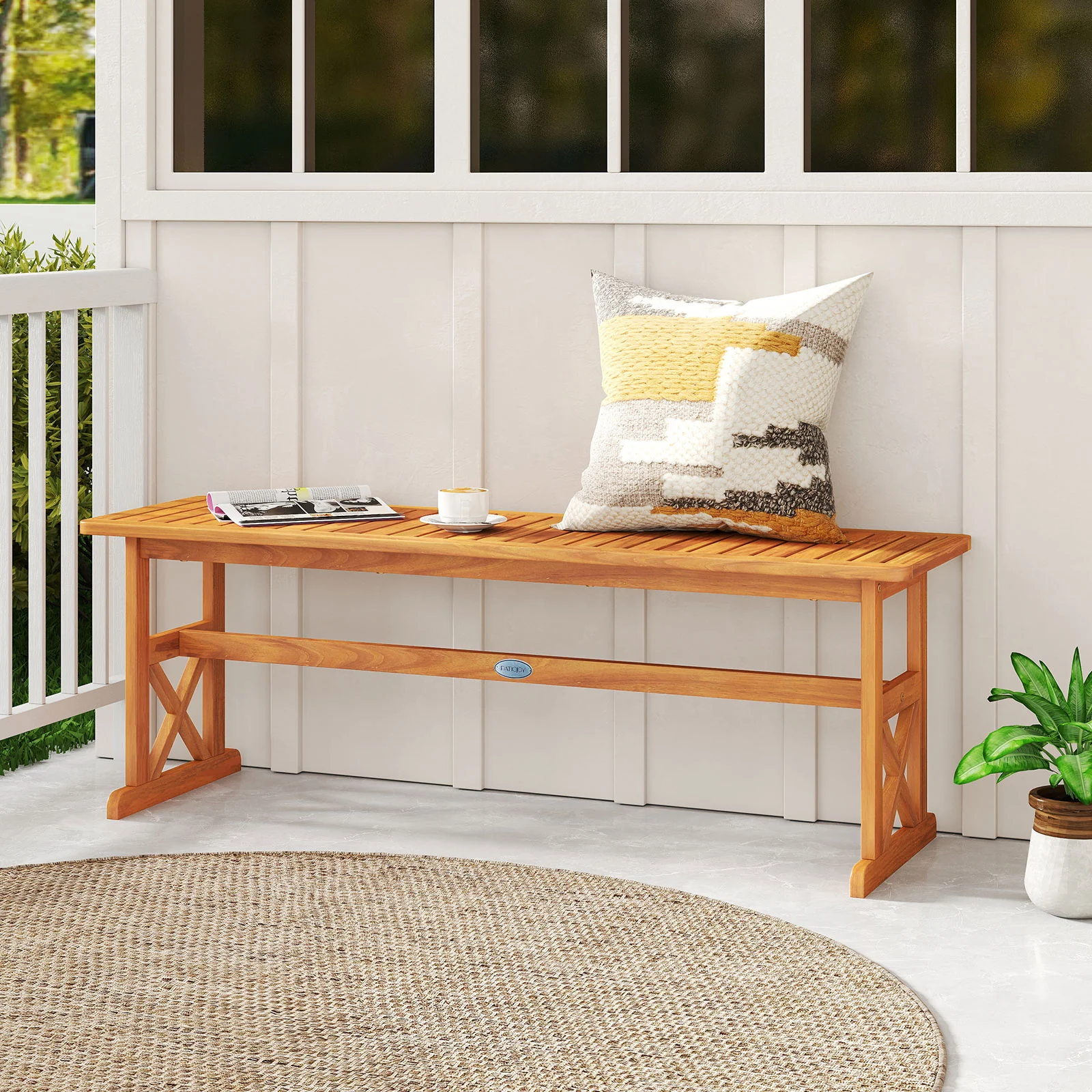 51 Inches Outdoor Acacia Wood Bench, Slatted Seat, 800 lbs Capacity - Image 2