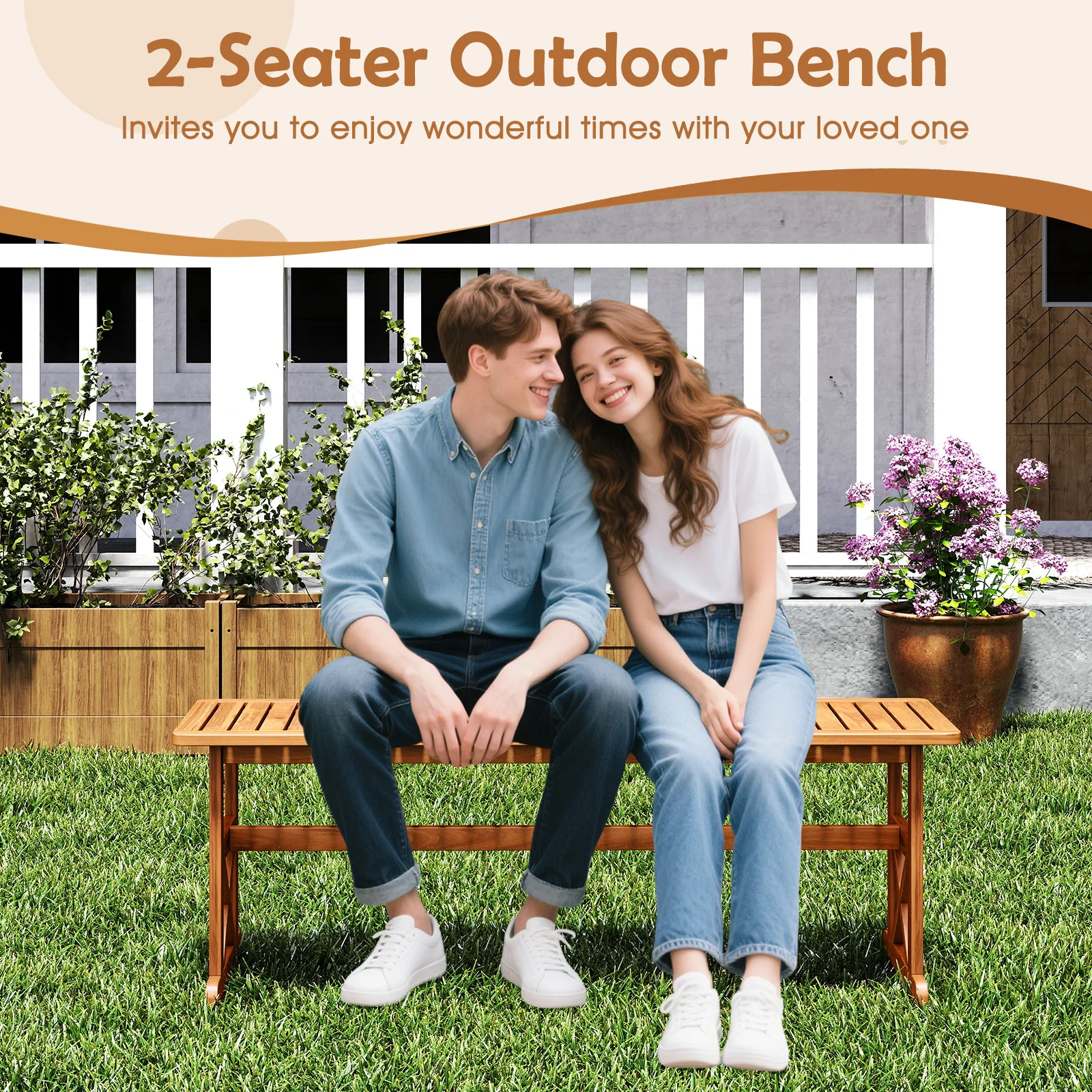 51 Inches Outdoor Acacia Wood Bench, Slatted Seat, 800 lbs Capacity - Image 8