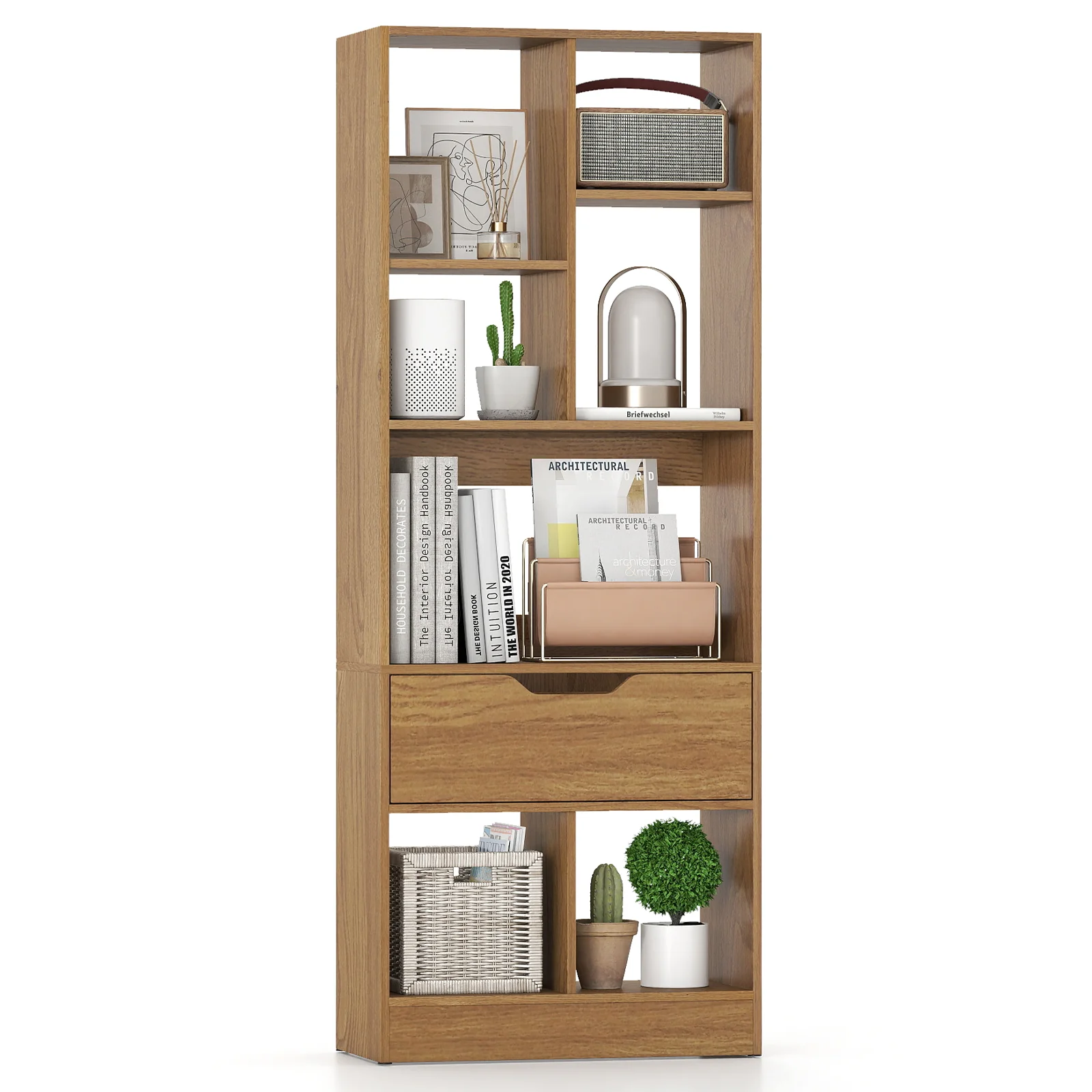 51inch Tall Freestanding Bookcase with Drawer 7-Cube Storage Organizer, Natural