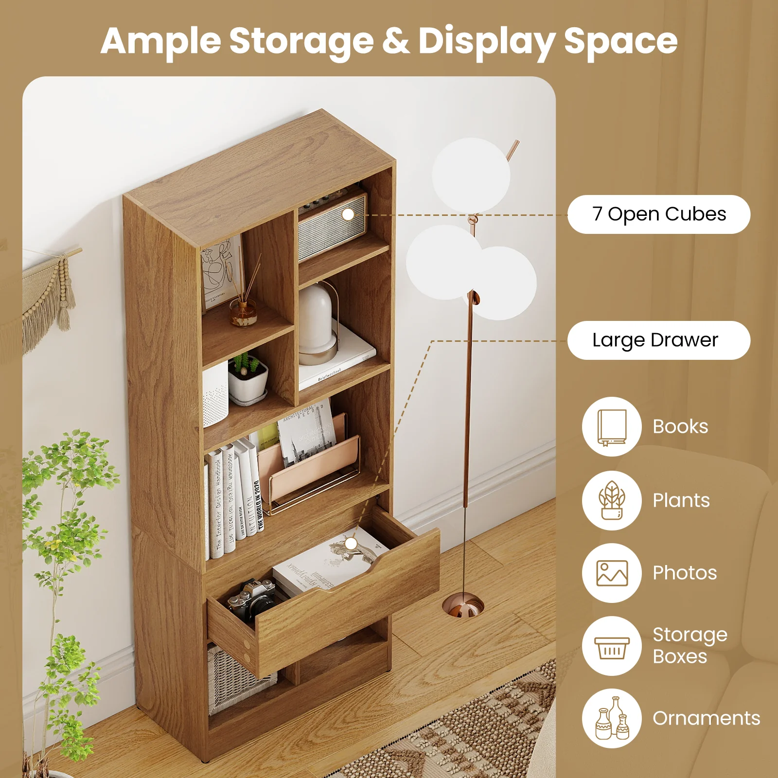 51inch Tall Freestanding Bookcase with Drawer 7-Cube Storage Organizer, Natural - Image 10