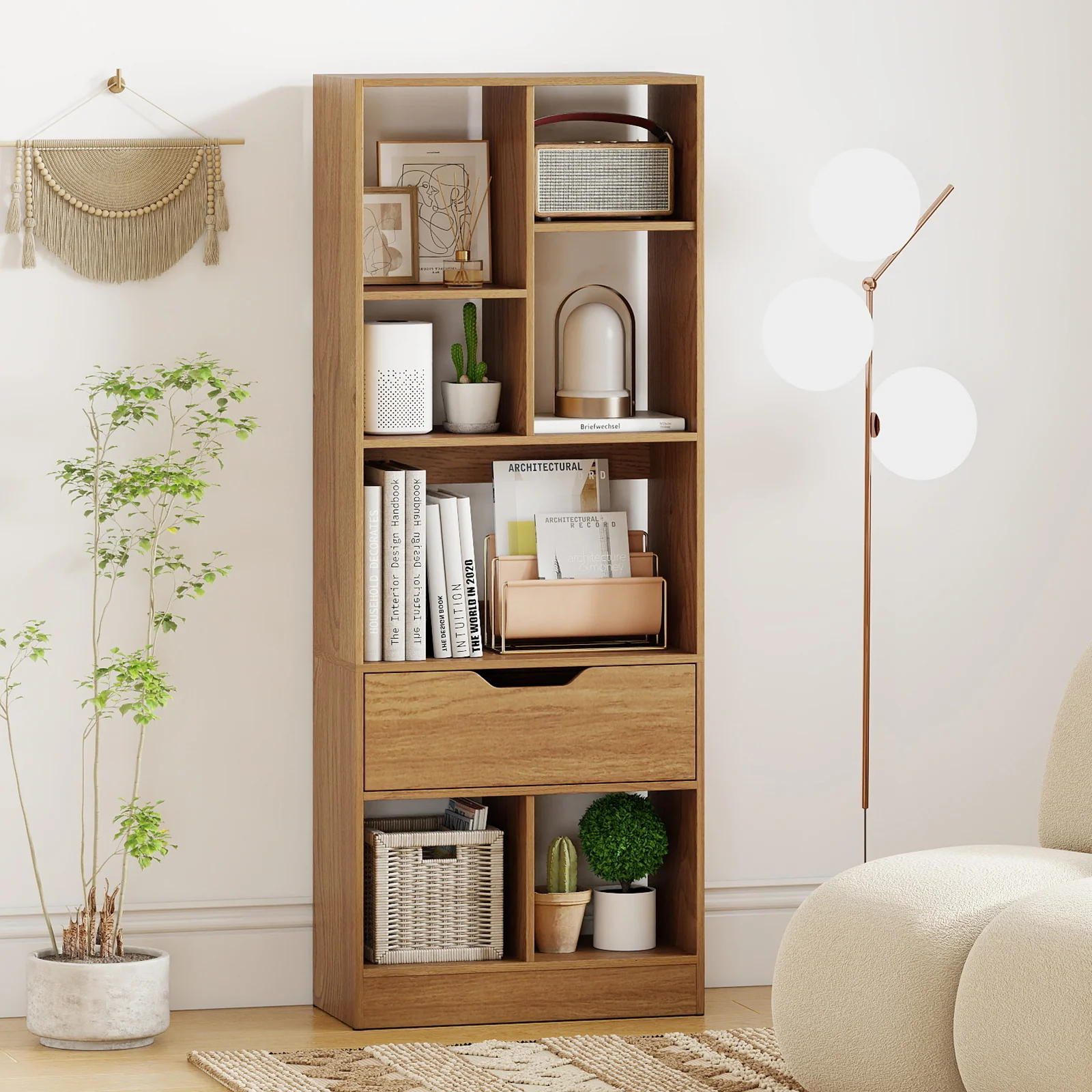 51inch Tall Freestanding Bookcase with Drawer 7-Cube Storage Organizer, Natural - Image 2