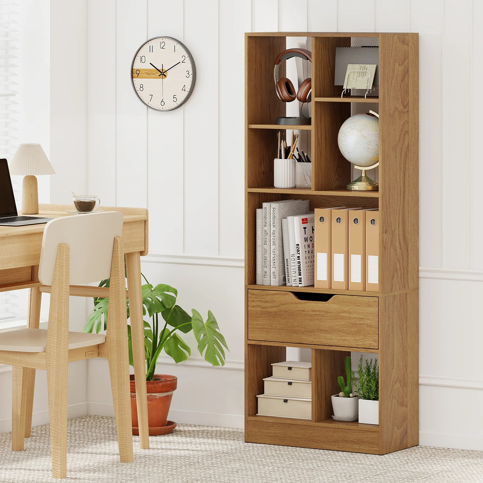 51inch Tall Freestanding Bookcase with Drawer 7-Cube Storage Organizer, Natural - Image 3