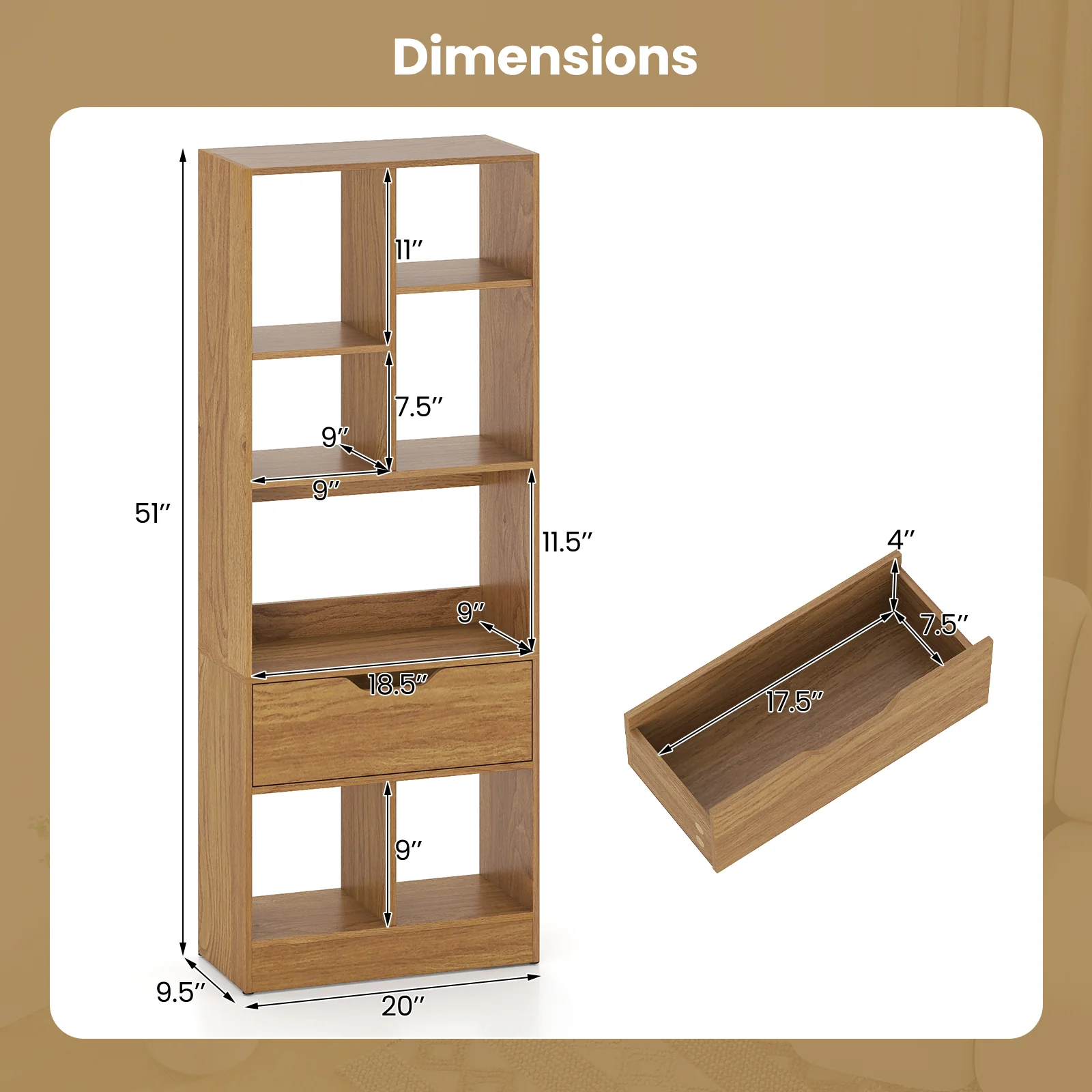 51inch Tall Freestanding Bookcase with Drawer 7-Cube Storage Organizer, Natural - Image 6