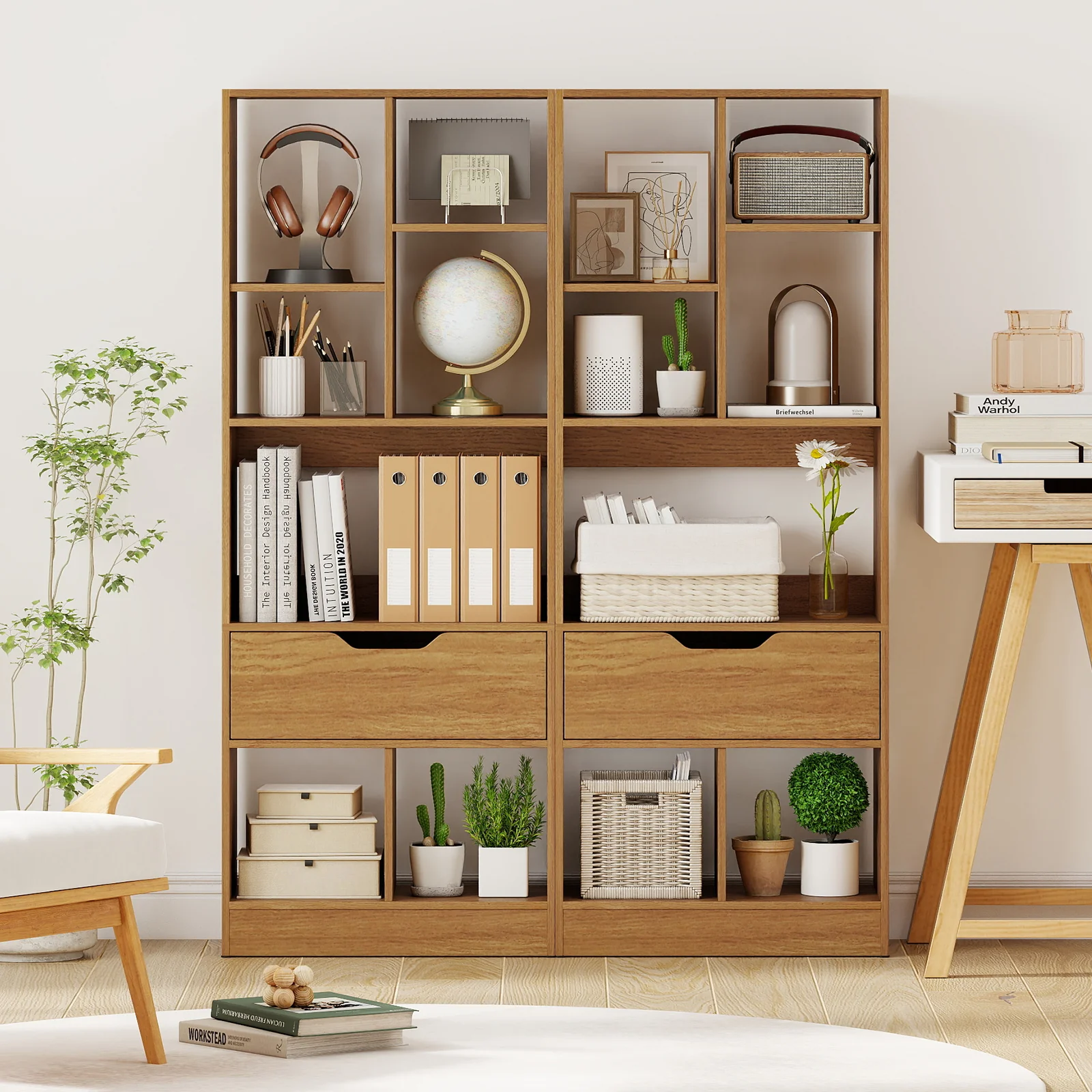 51inch Tall Freestanding Bookcase with Drawer 7-Cube Storage Organizer, Natural - Image 7