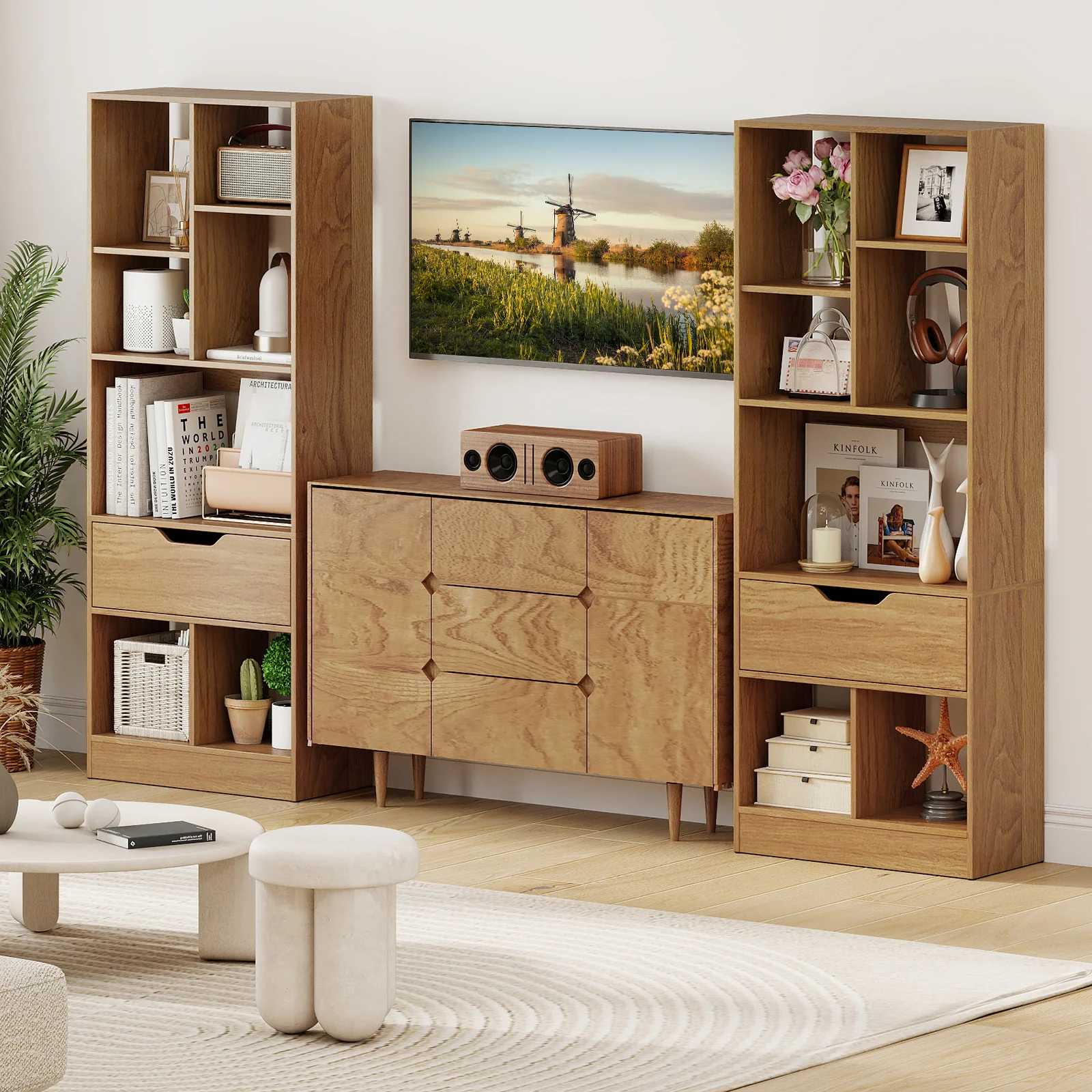 51inch Tall Freestanding Bookcase with Drawer 7-Cube Storage Organizer, Natural - Image 8