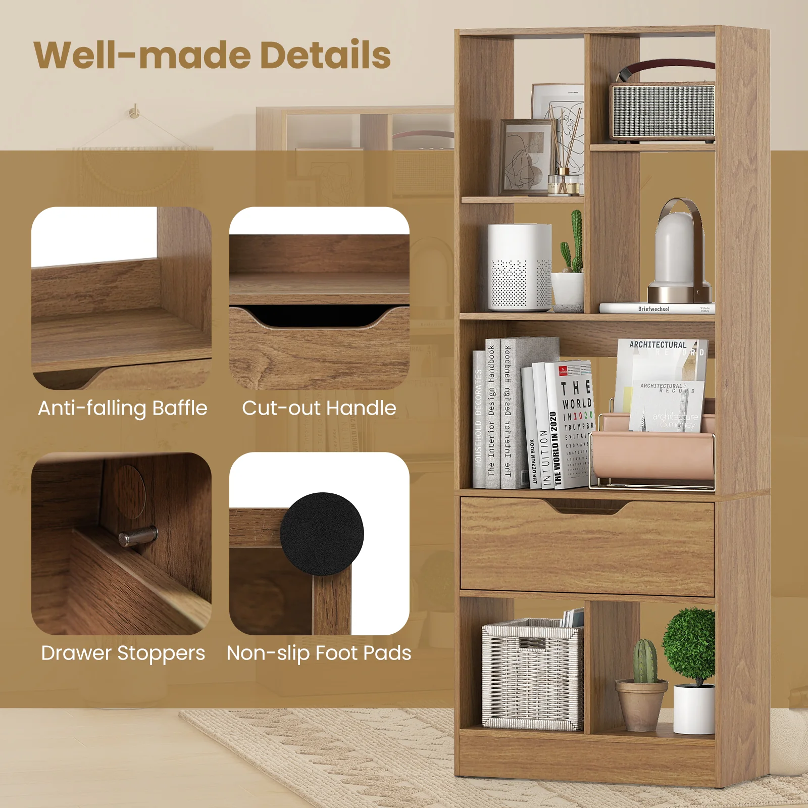 51inch Tall Freestanding Bookcase with Drawer 7-Cube Storage Organizer, Natural - Image 9