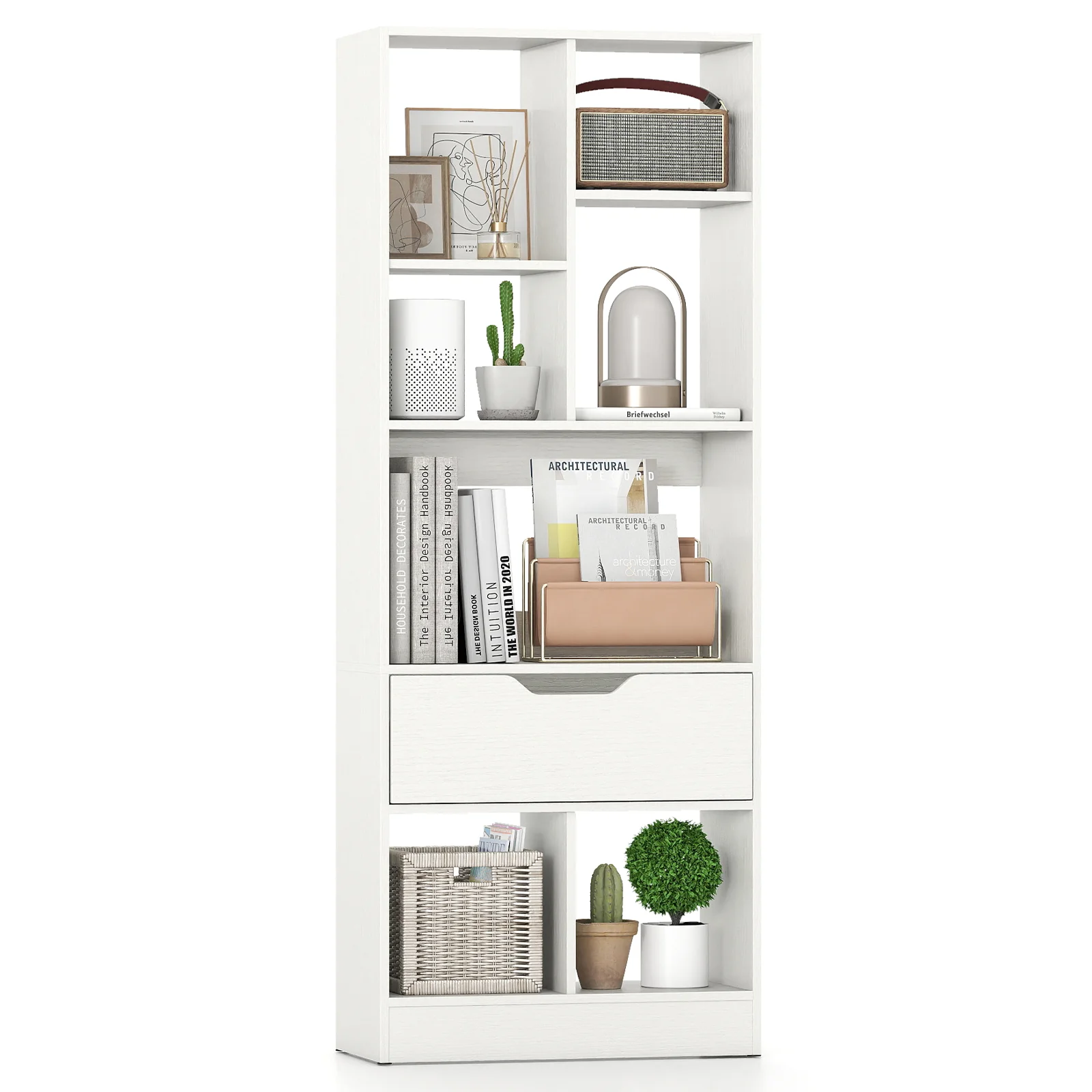 51inch Tall Freestanding Bookcase with Drawer 7-Cube Storage Organizer, White