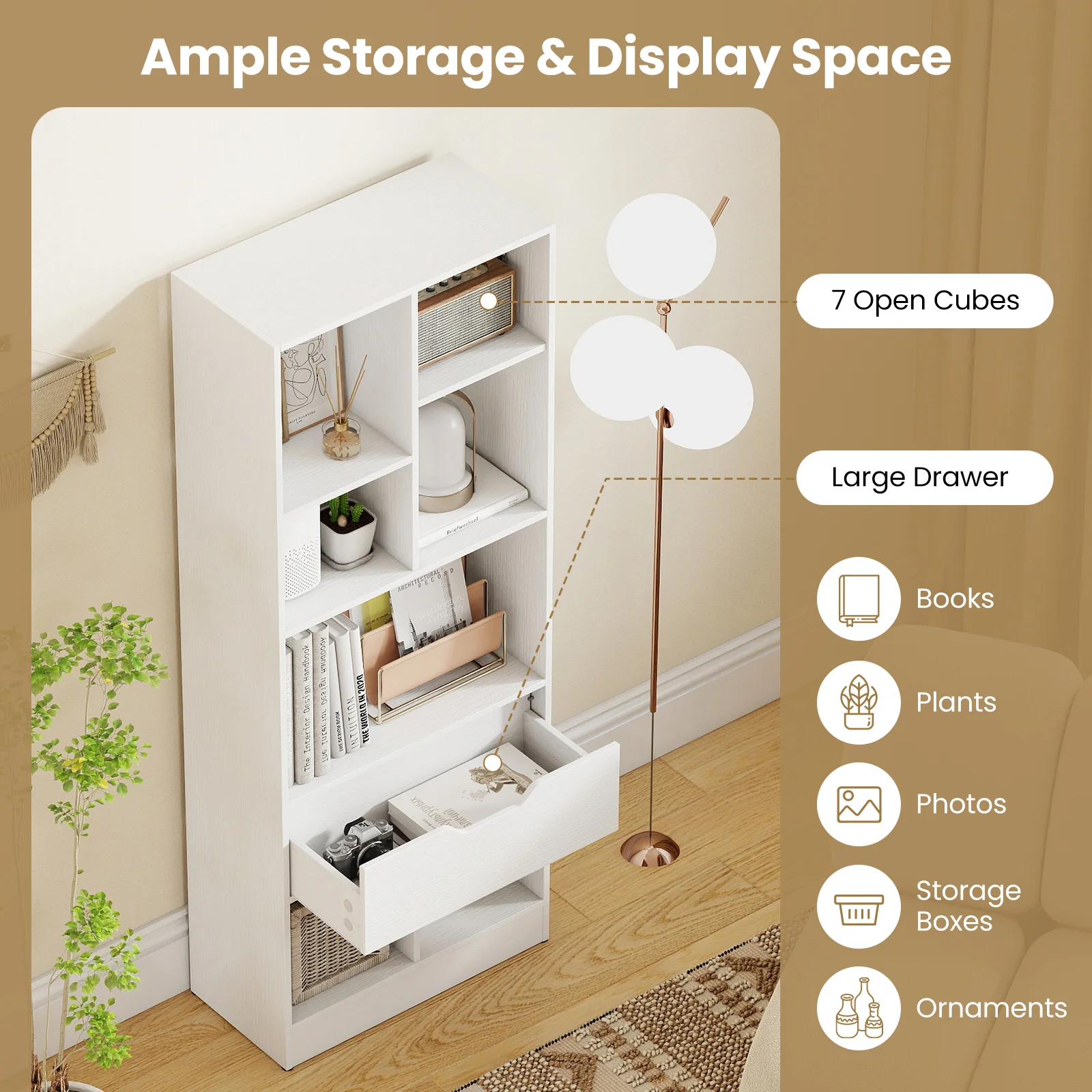 51inch Tall Freestanding Bookcase with Drawer 7-Cube Storage Organizer, White - Image 10