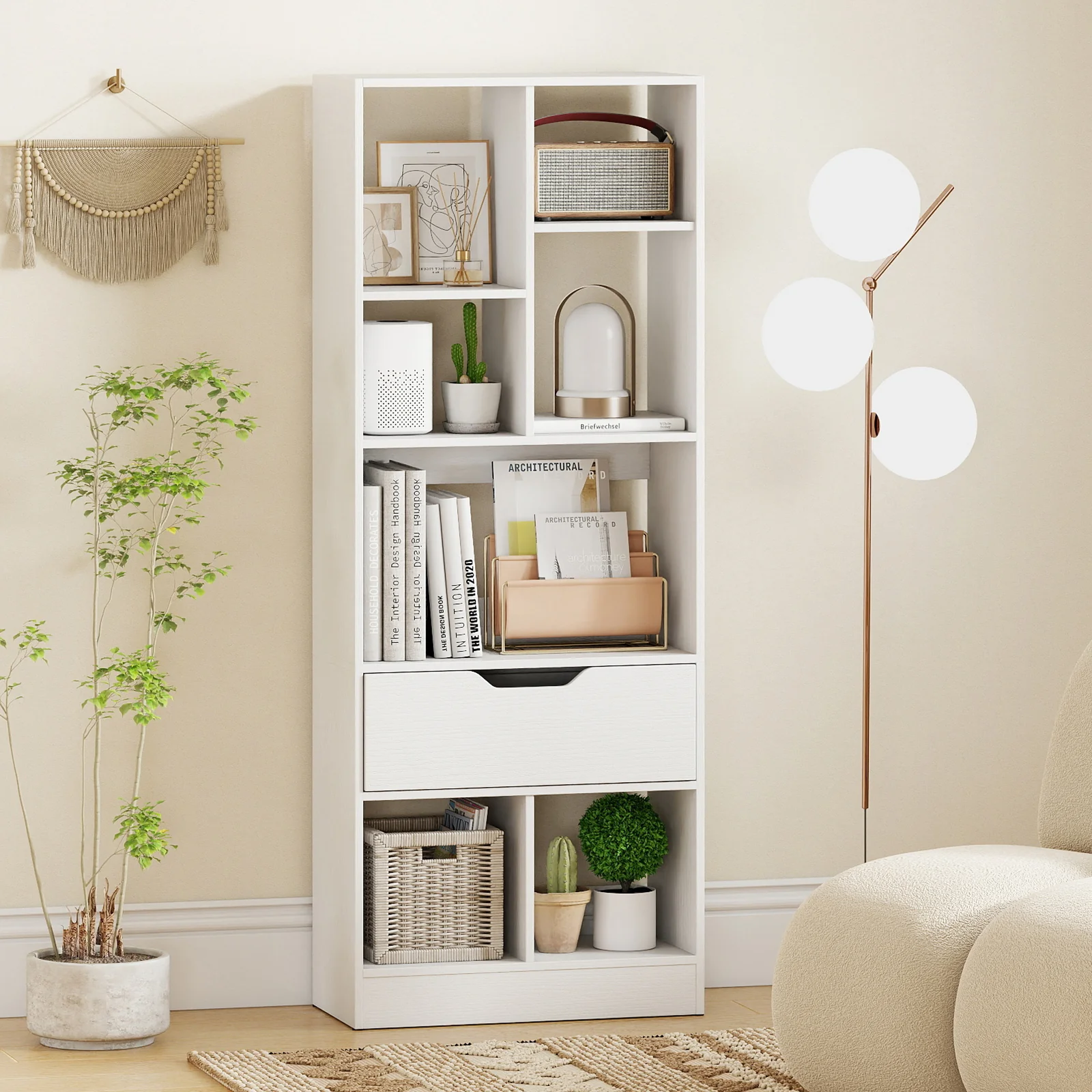 51inch Tall Freestanding Bookcase with Drawer 7-Cube Storage Organizer, White - Image 2