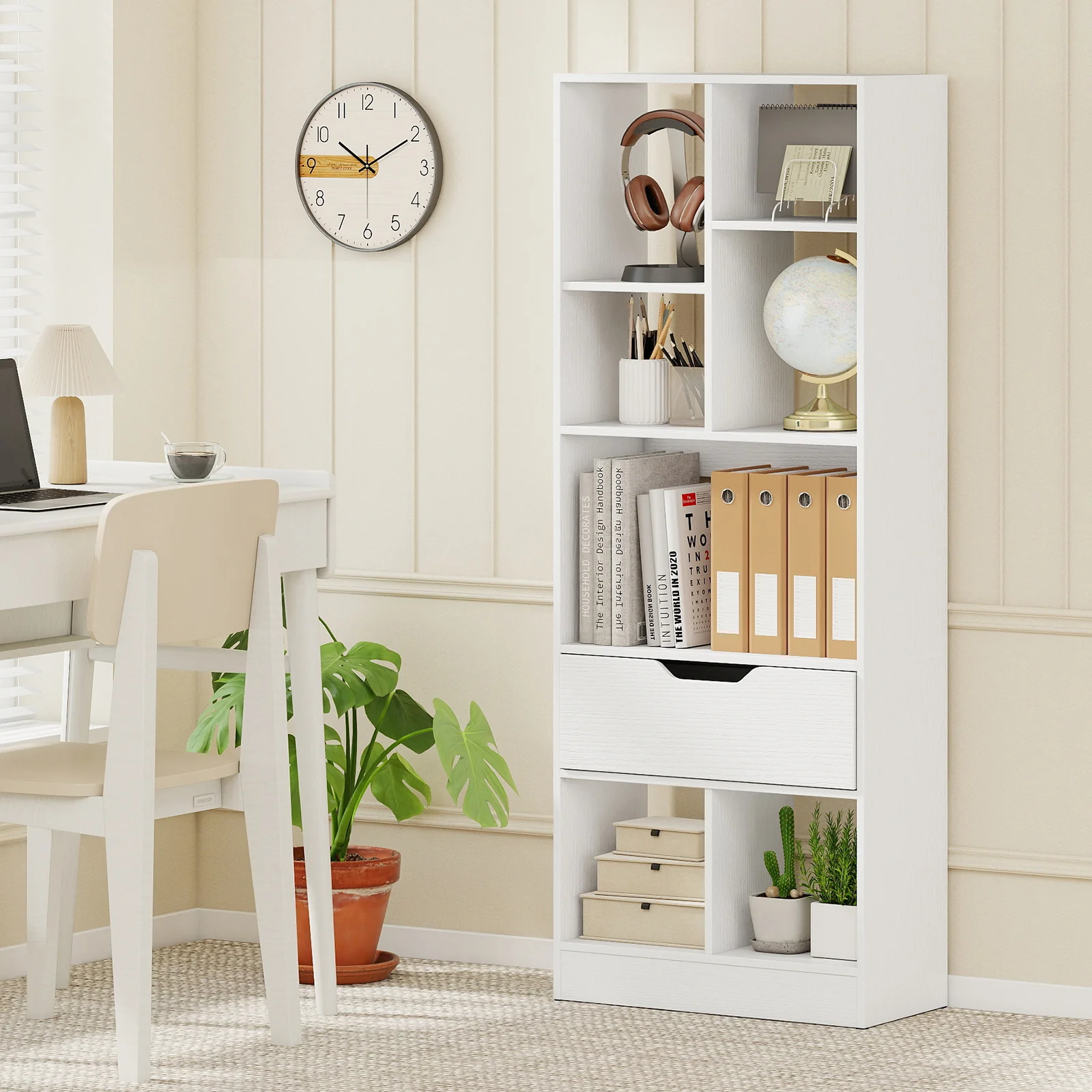 51inch Tall Freestanding Bookcase with Drawer 7-Cube Storage Organizer, White - Image 3