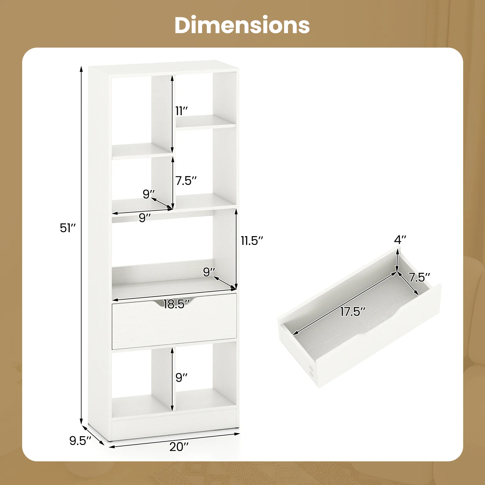 51inch Tall Freestanding Bookcase with Drawer 7-Cube Storage Organizer, White - Image 6