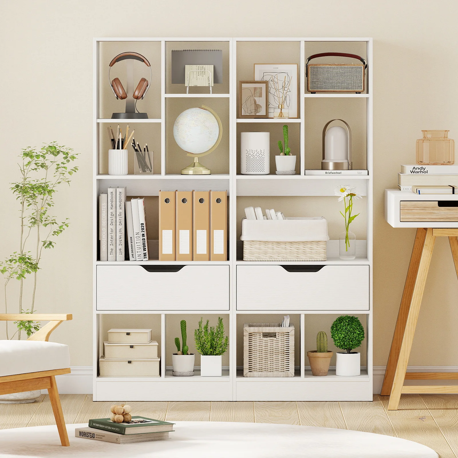 51inch Tall Freestanding Bookcase with Drawer 7-Cube Storage Organizer, White - Image 7
