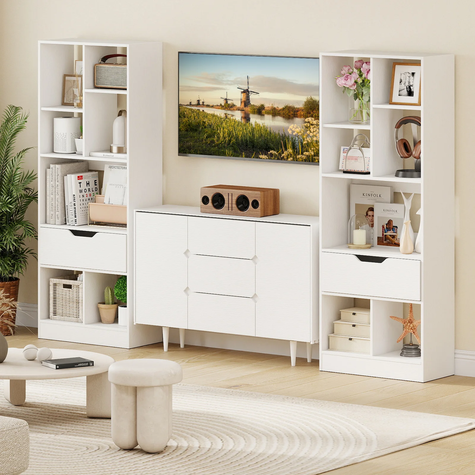 51inch Tall Freestanding Bookcase with Drawer 7-Cube Storage Organizer, White - Image 8