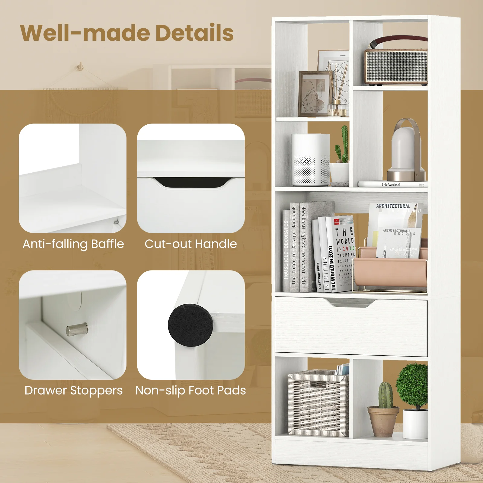 51inch Tall Freestanding Bookcase with Drawer 7-Cube Storage Organizer, White - Image 9