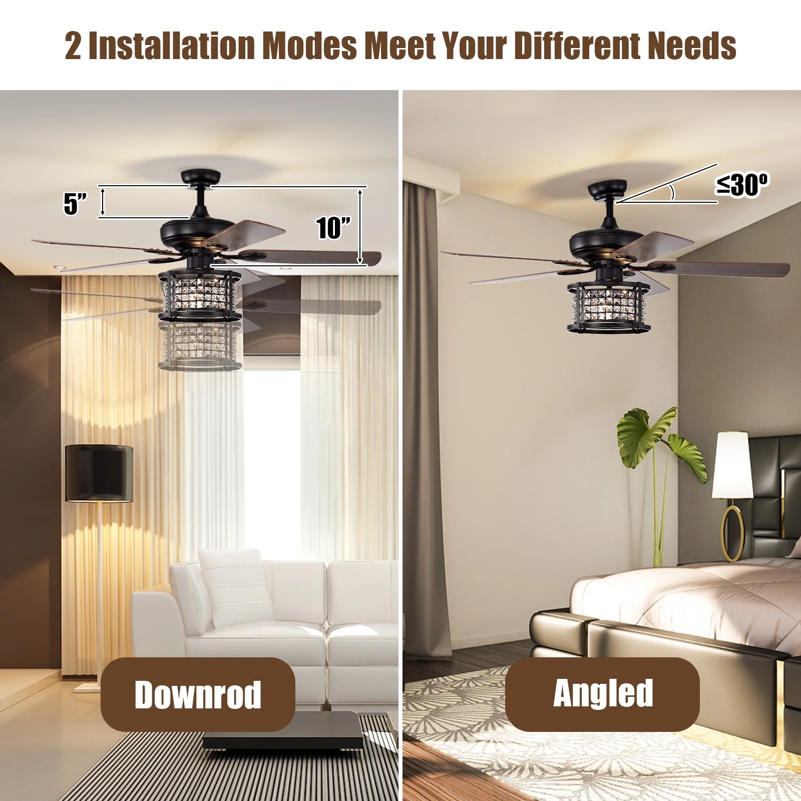 52 Inch 3-Speed Crystal Ceiling Fan Light, Remote Control, Black - Image 3