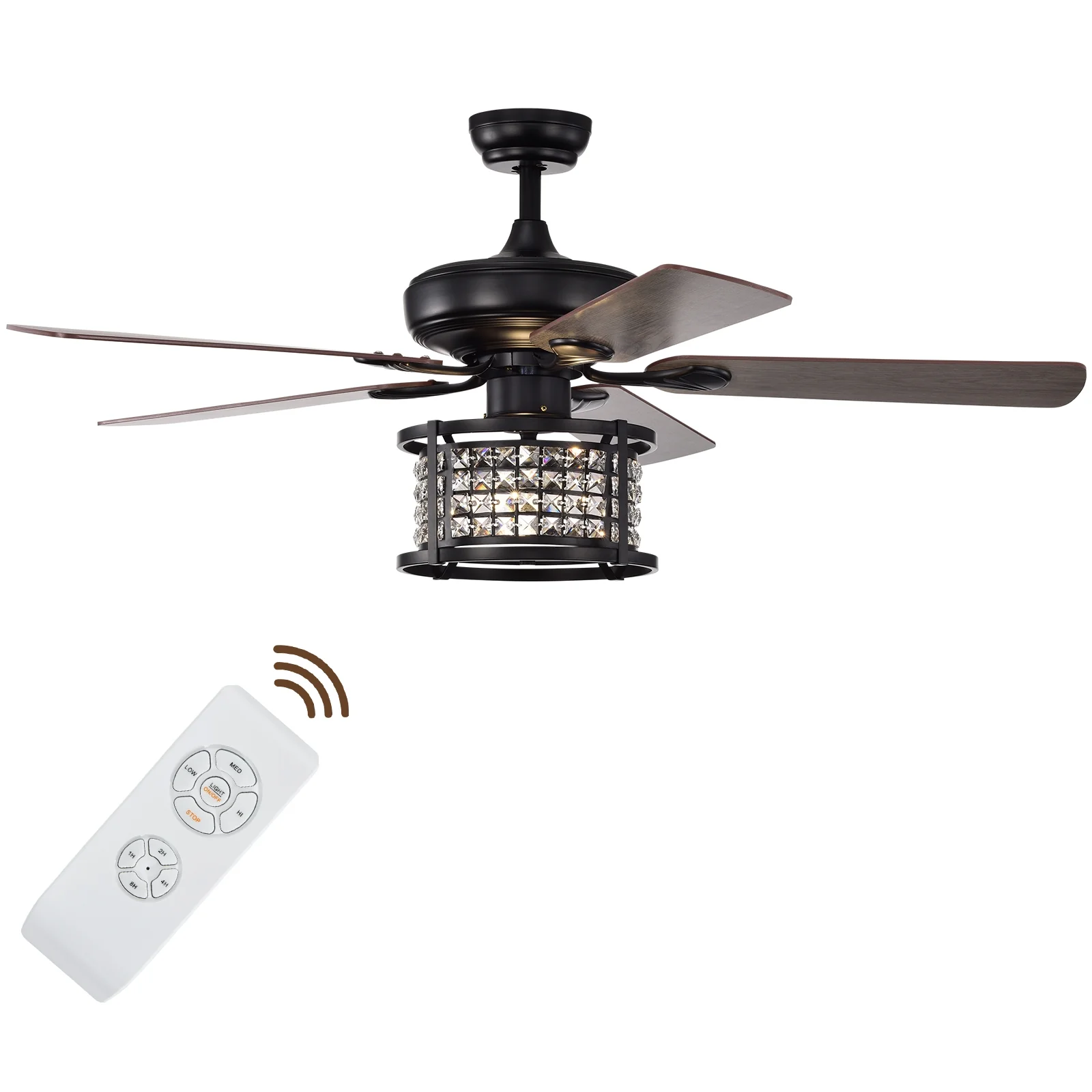 52 Inch 3-Speed Crystal Ceiling Fan Light, Remote Control, Black - Image 5