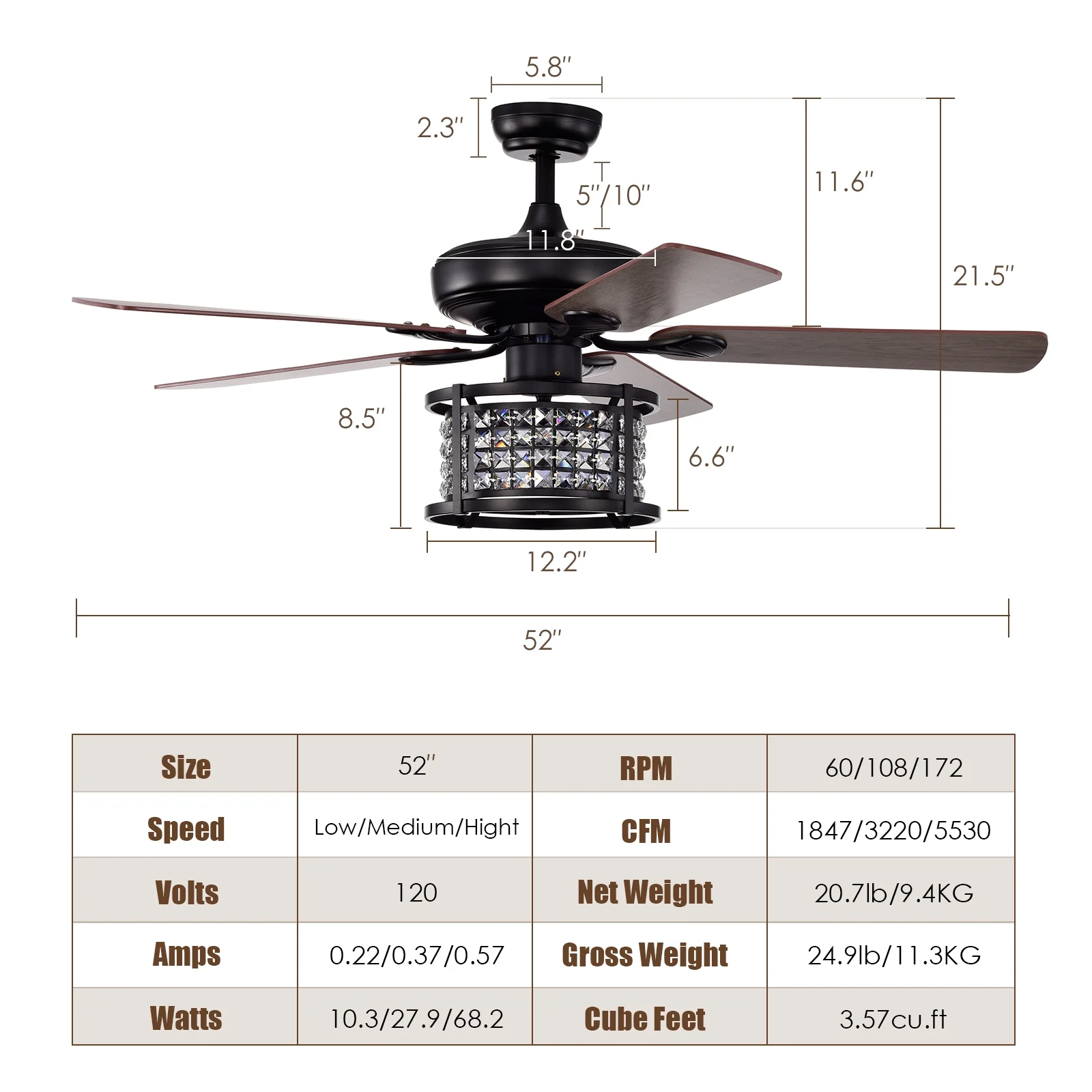 52 Inch 3-Speed Crystal Ceiling Fan Light, Remote Control, Black - Image 6