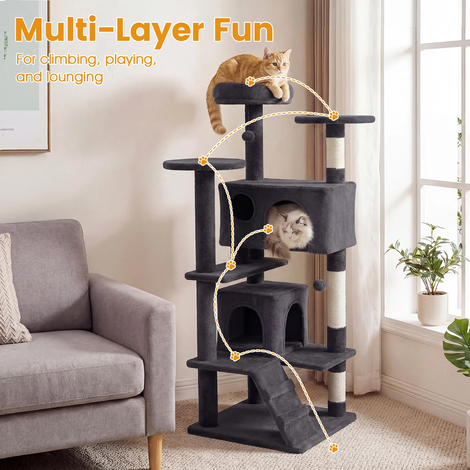 52 Inch Cat Tree Tower For Indoor Cats, Dark Gray - Image 6