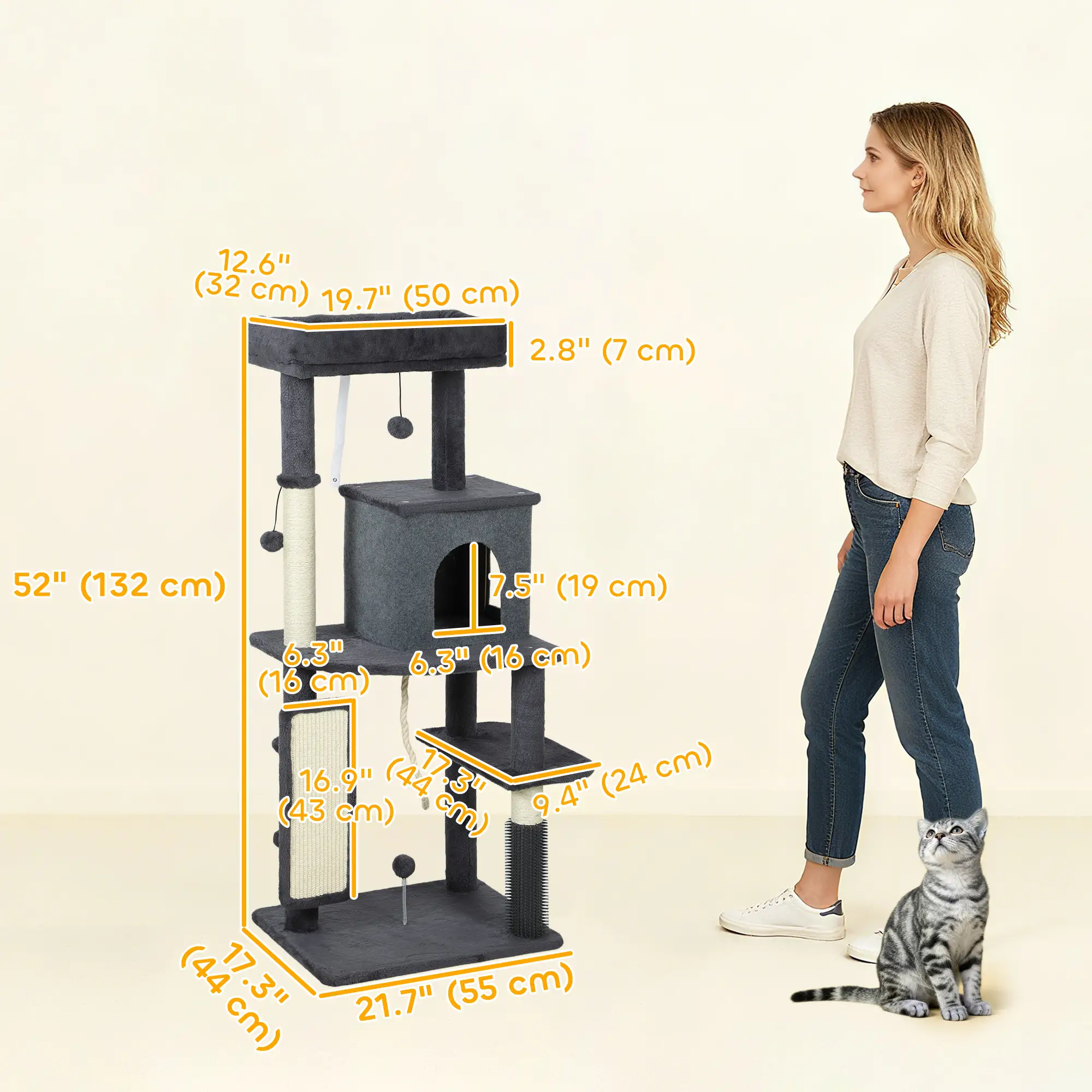 52-Inch Cat Tree with Scratching Posts, Bed, Condo, Platforms - Image 3