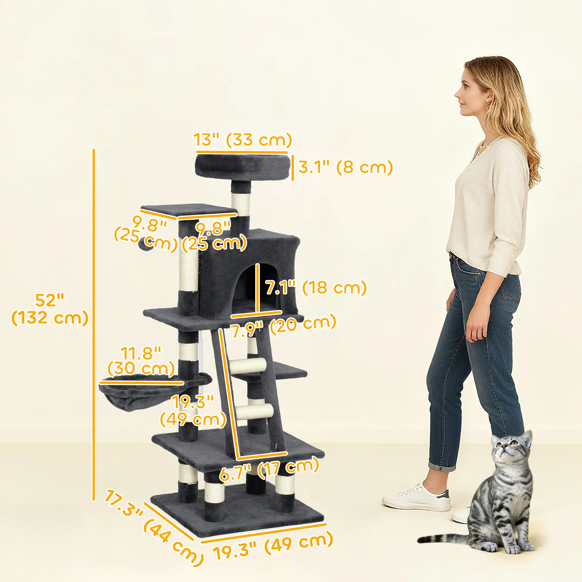 52 Inch Large Cat Tree, Dark Grey - Image 3